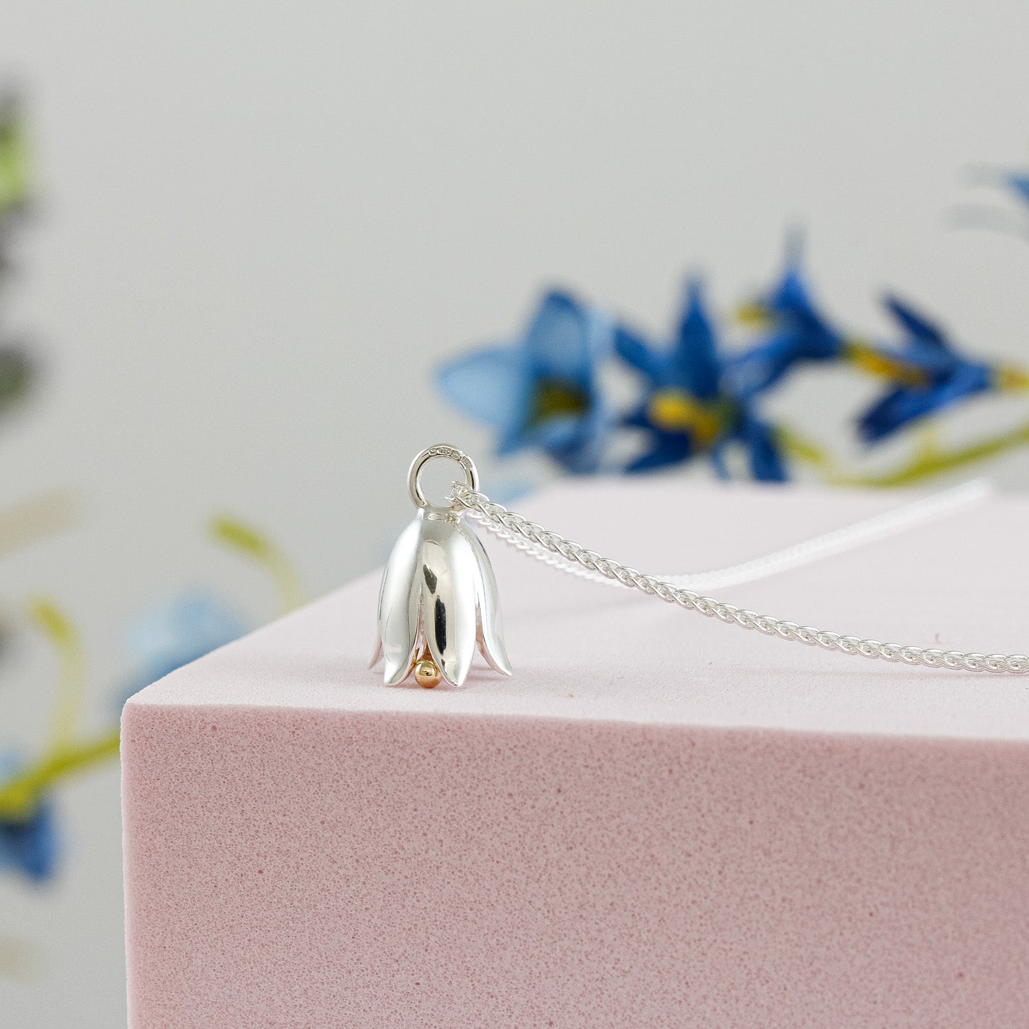 harebell silver and solid 18ct gold wild bluebell necklace