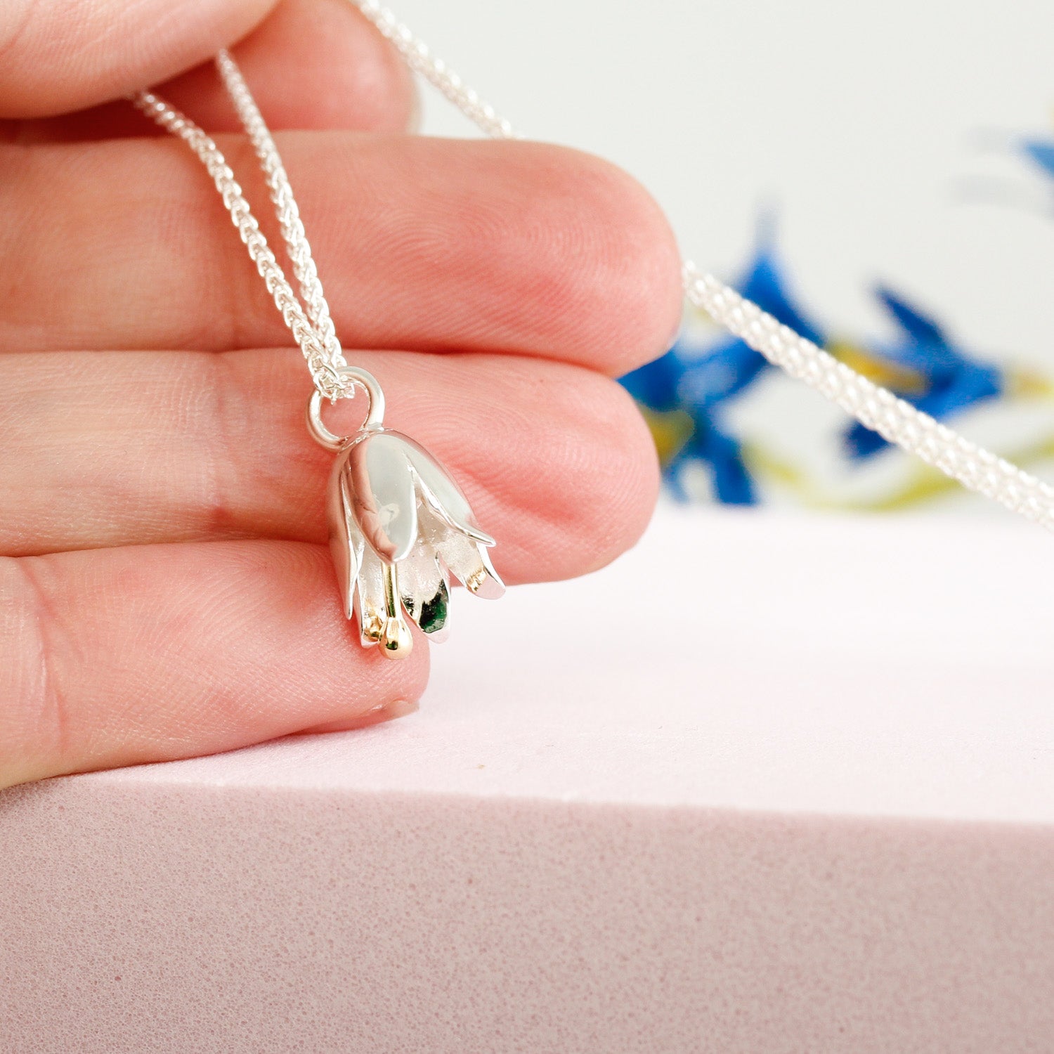 harebell silver and solid 18ct gold wild bluebell necklace detail and size