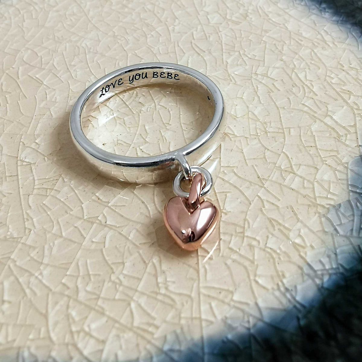 engraved inside of rose gold heart charm ring