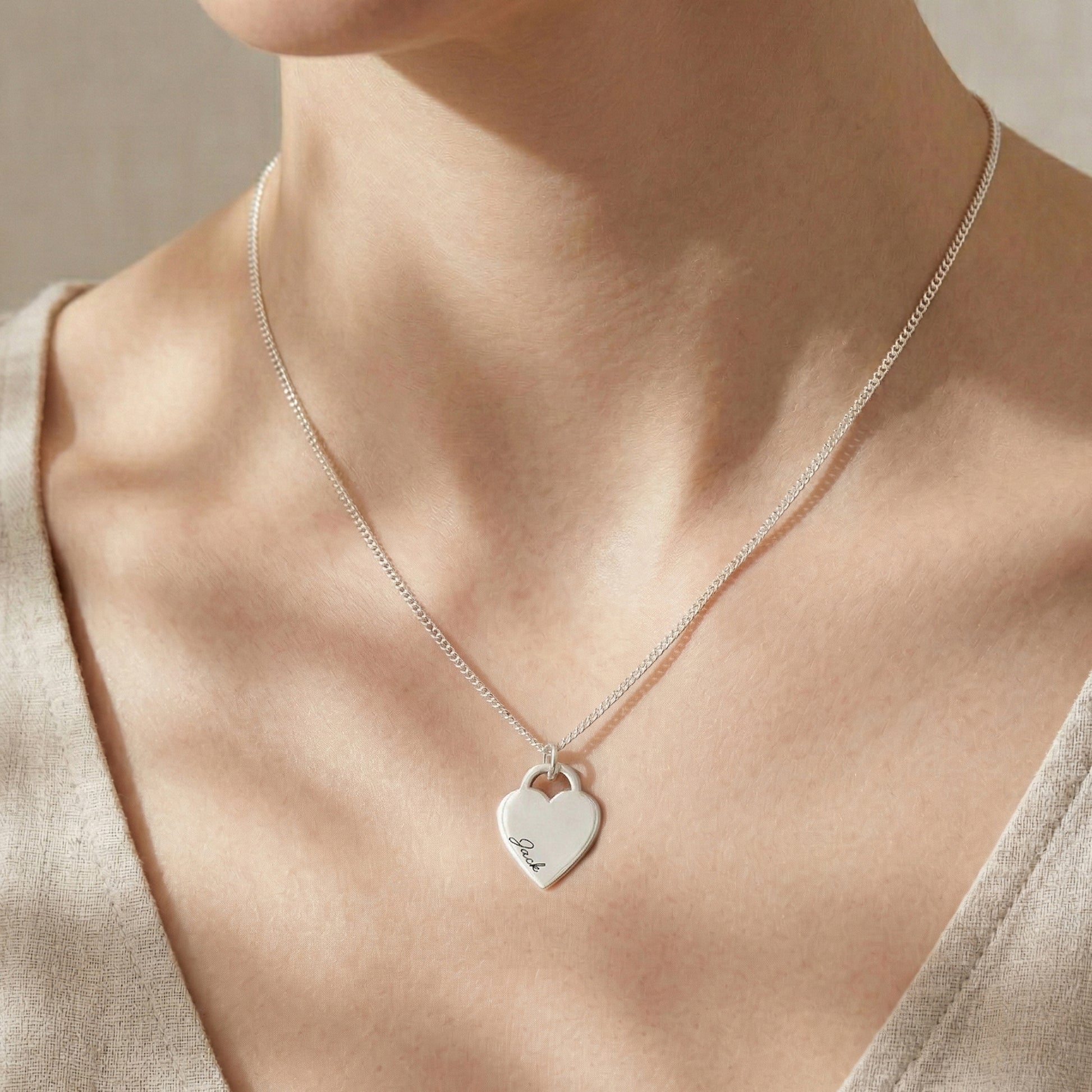 silver heart tag necklace with name engraved