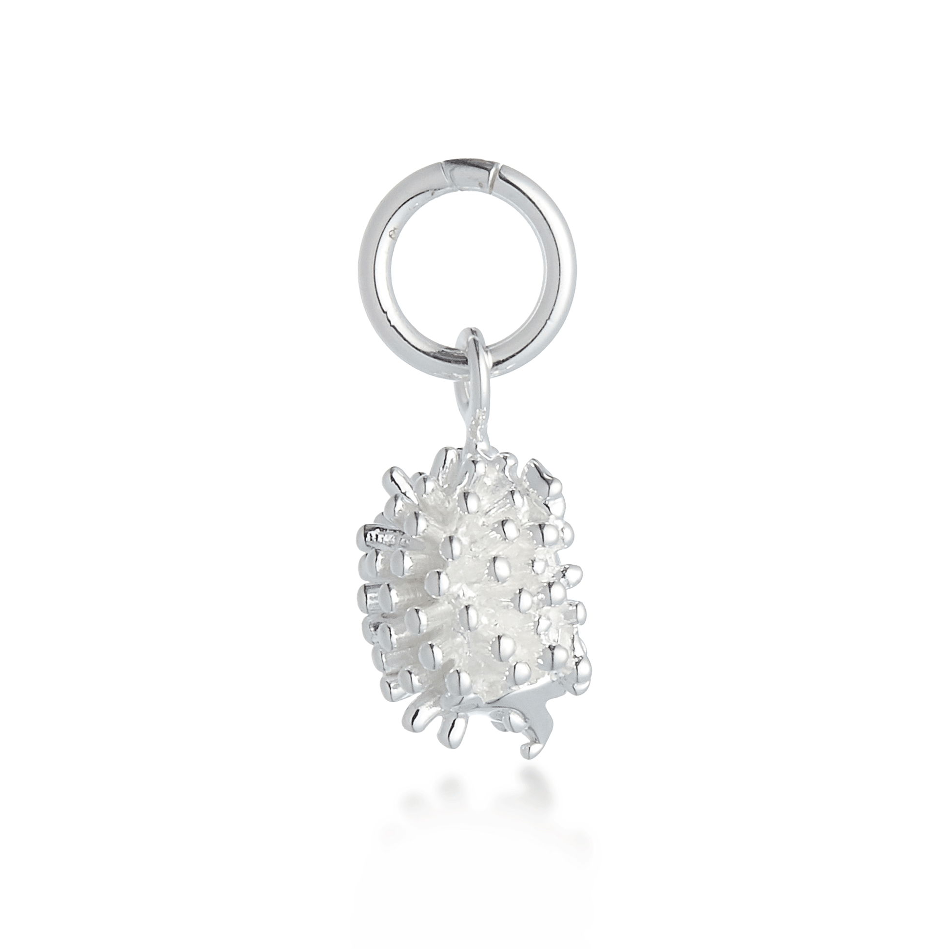 Silver charm with a hedgehog design on a white background