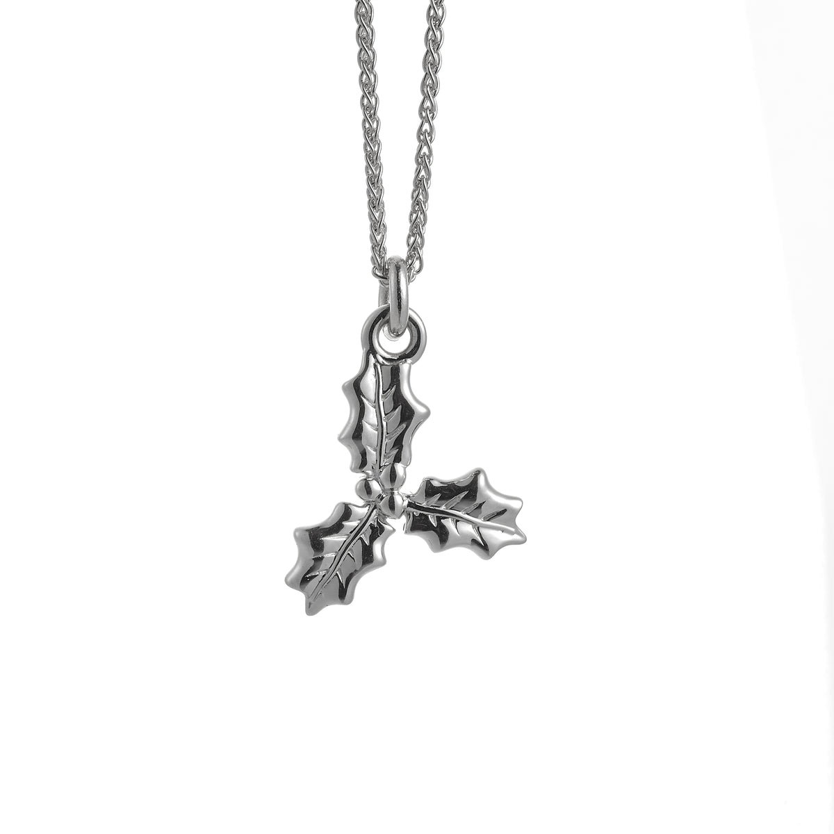 silver holly leaf with berries charm necklace