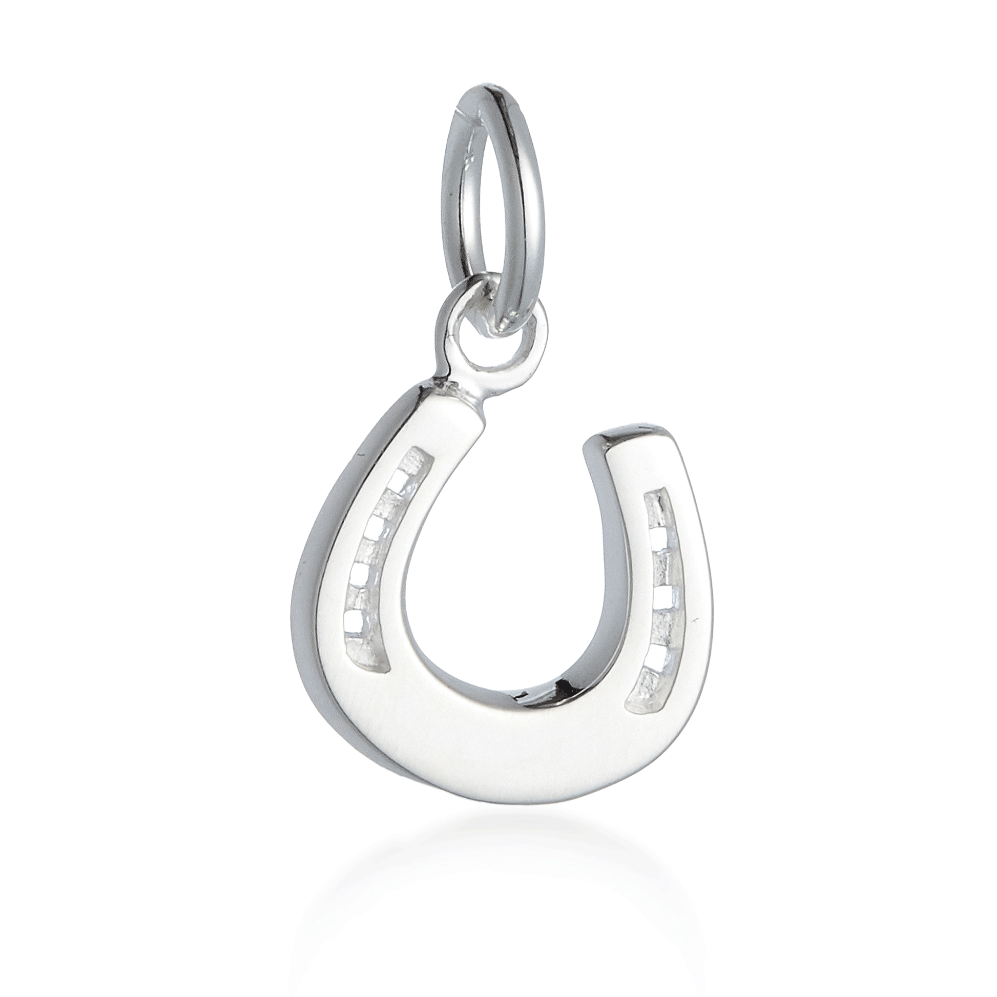 Silver horseshoe pendant on a white background