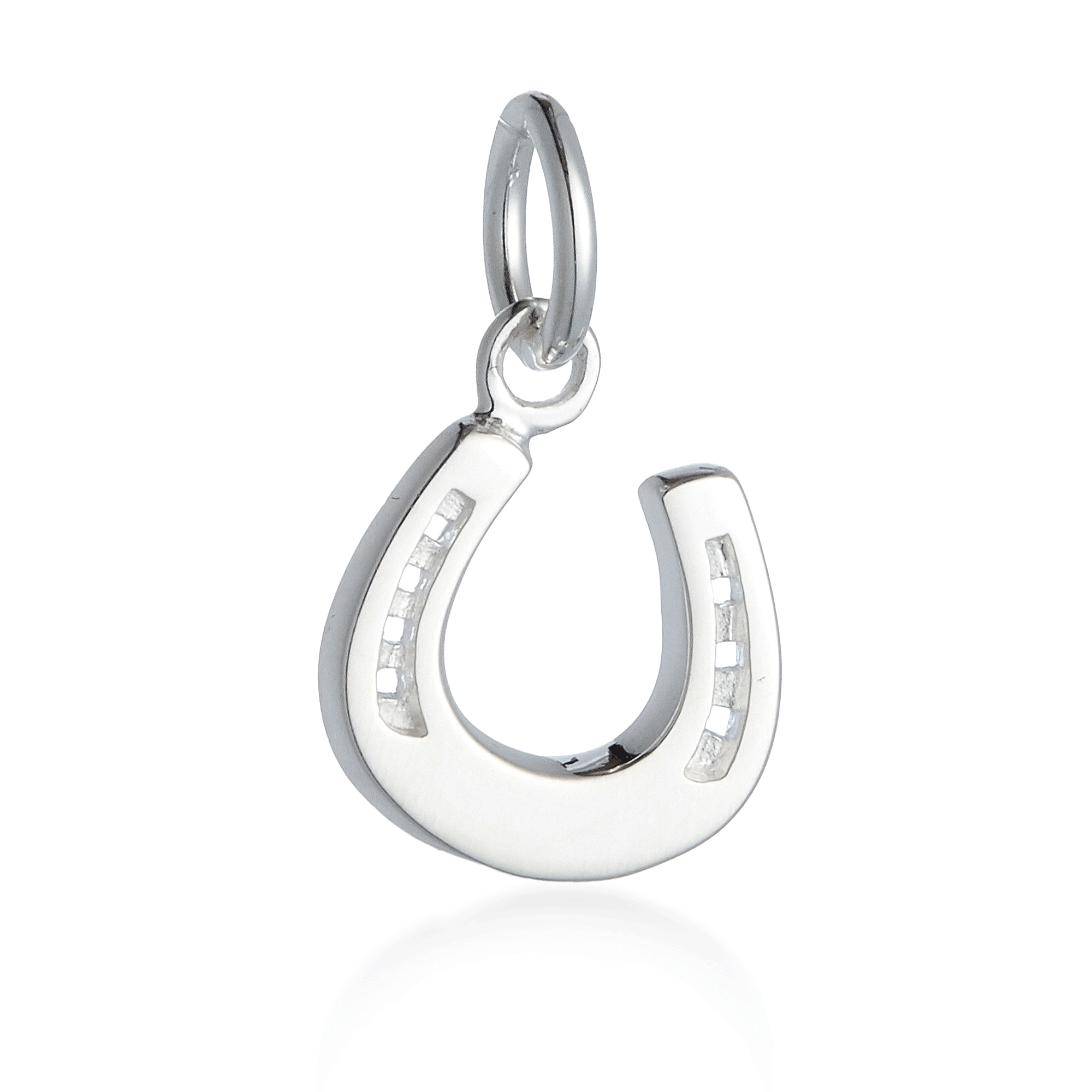 Silver horseshoe pendant on a white background