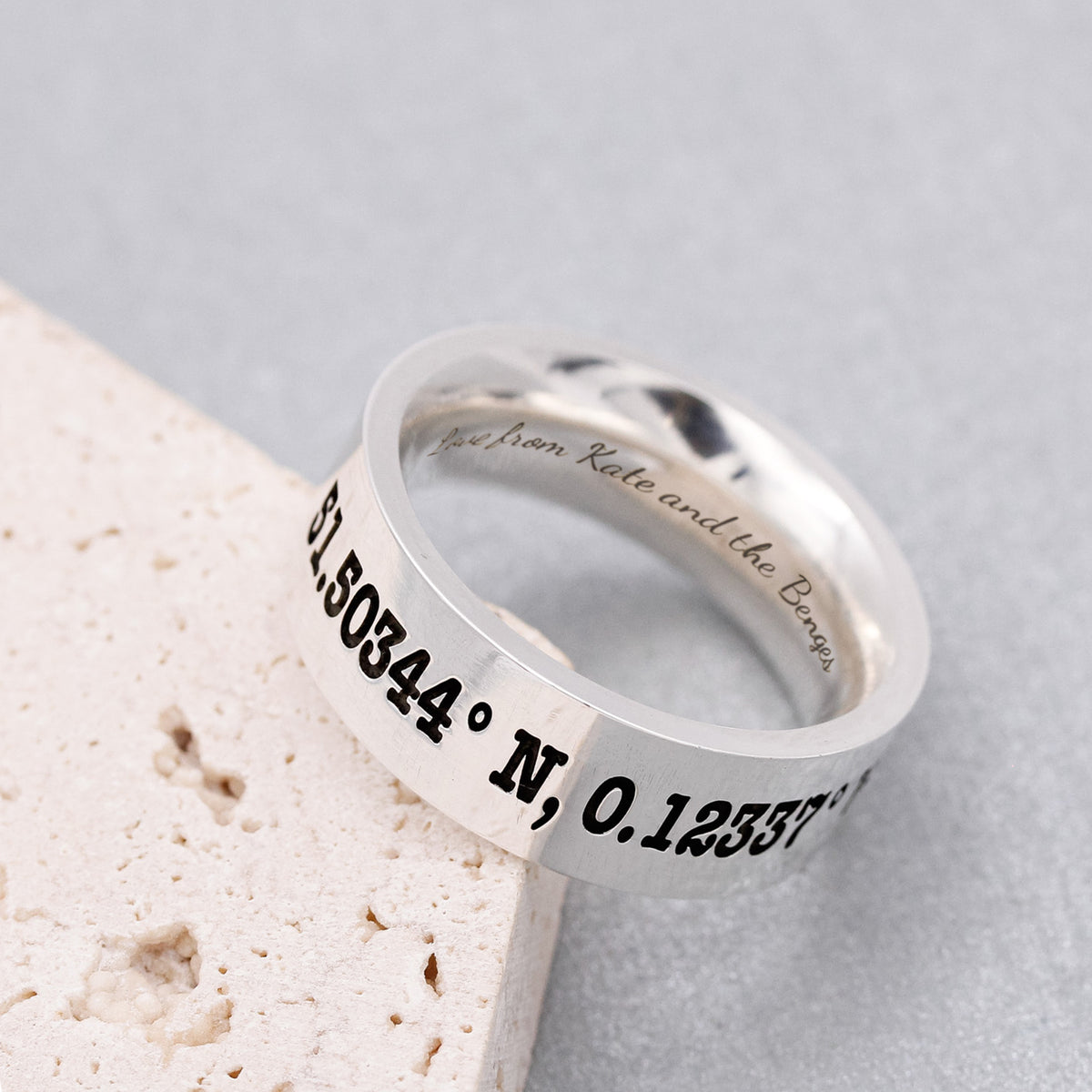 custom coordinates silver mens ring with inside engraving