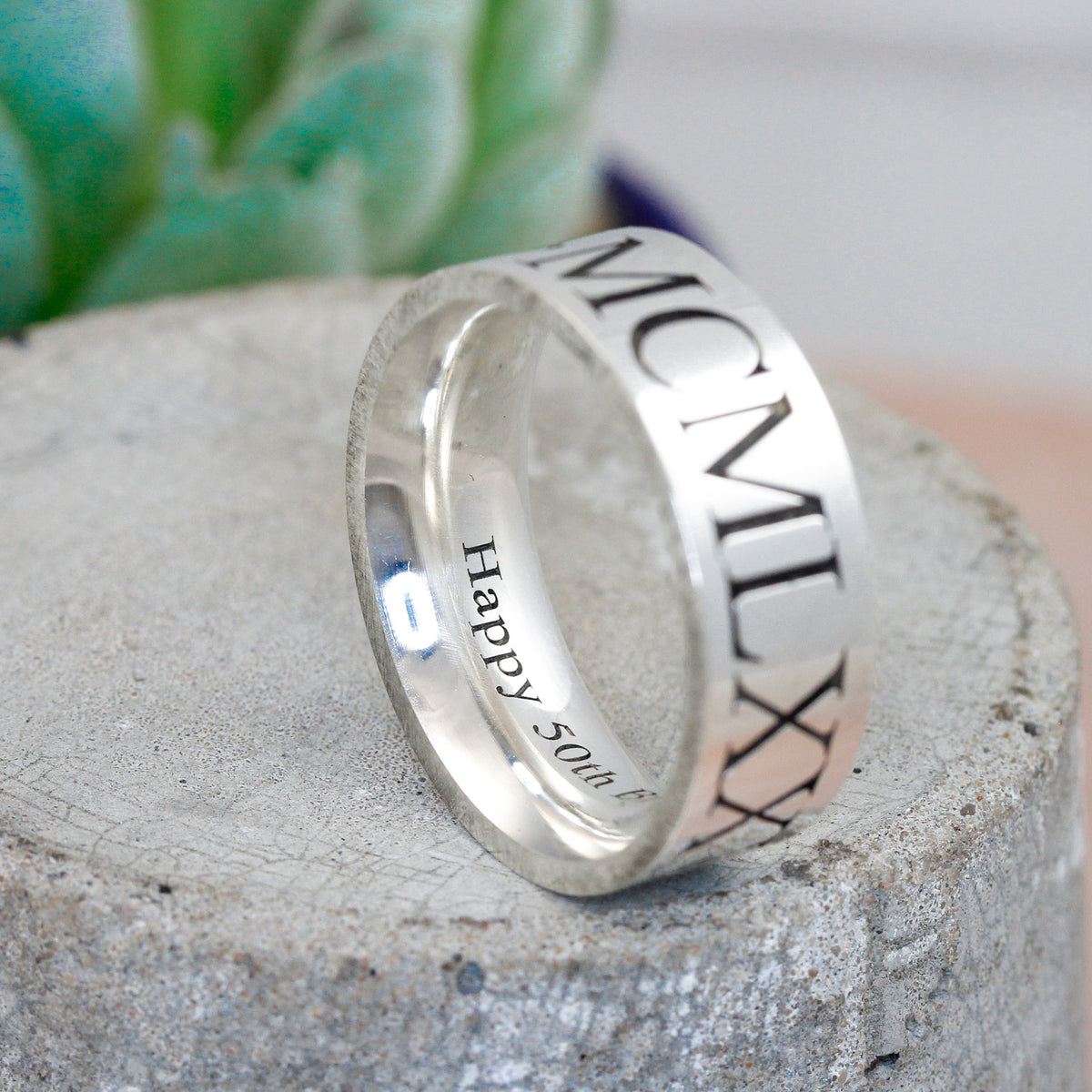 roman numerals birth date engraved 8mm wide mens flat ring