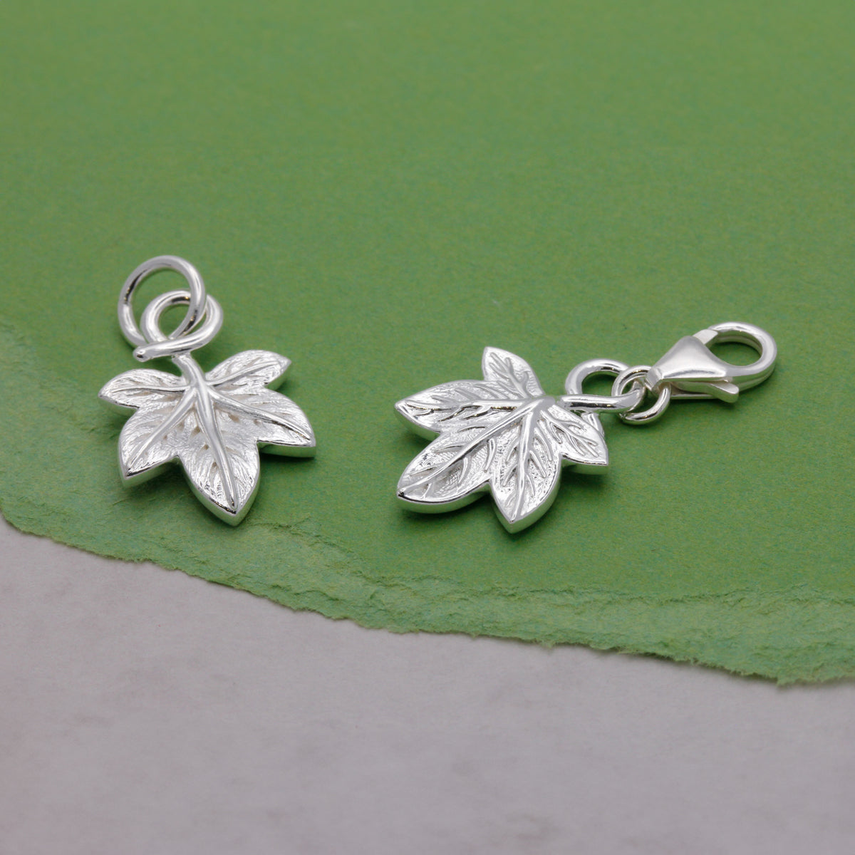 silver ivy leaf charms with jump ring and clip clasp