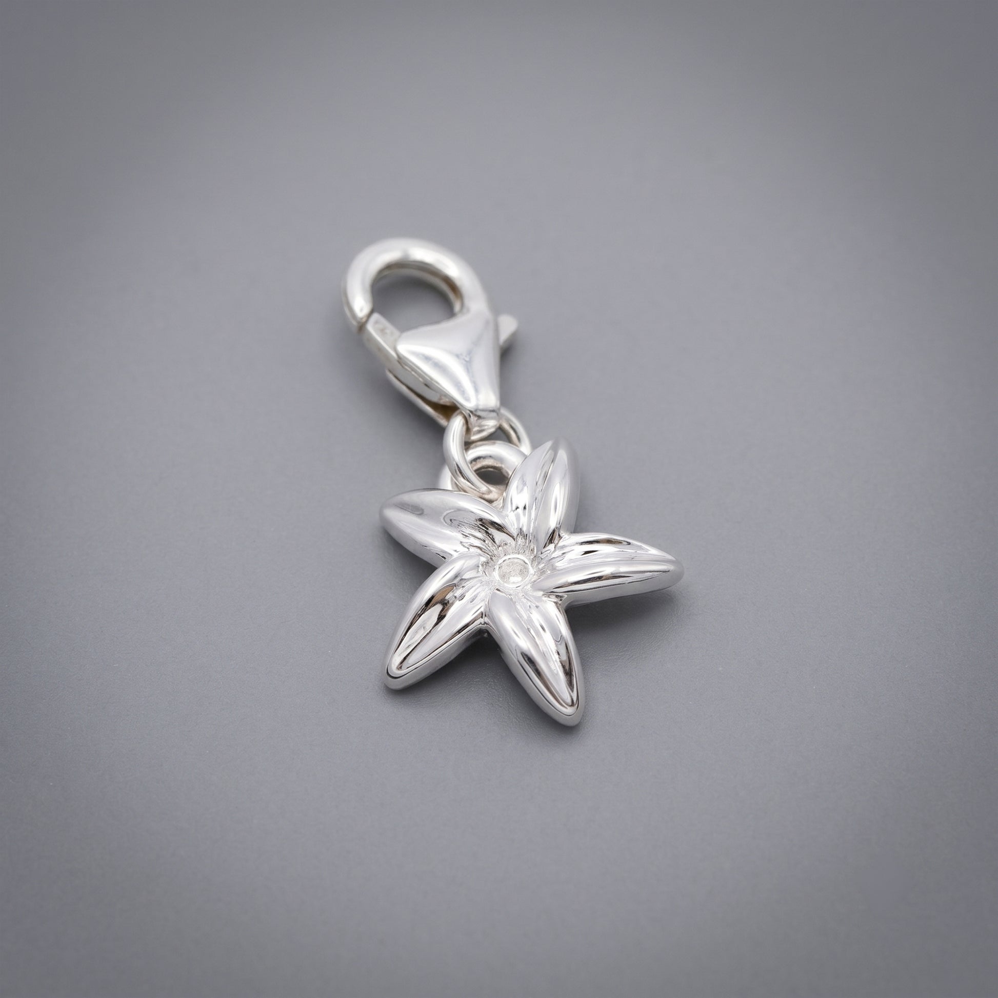 Silver star-flower-shaped charm with a clear gemstone on a gray background