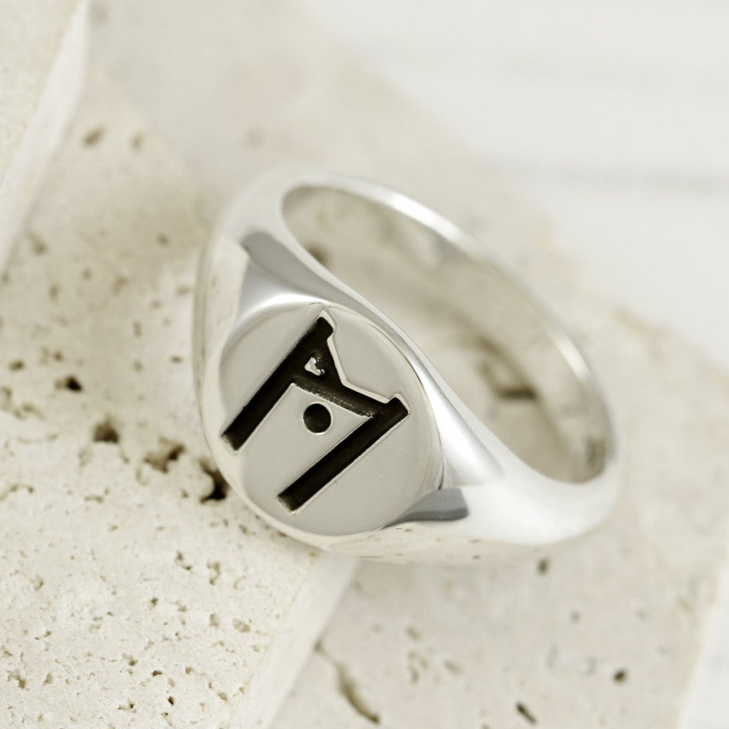 large custom design mens silver signet ring with rune symbol