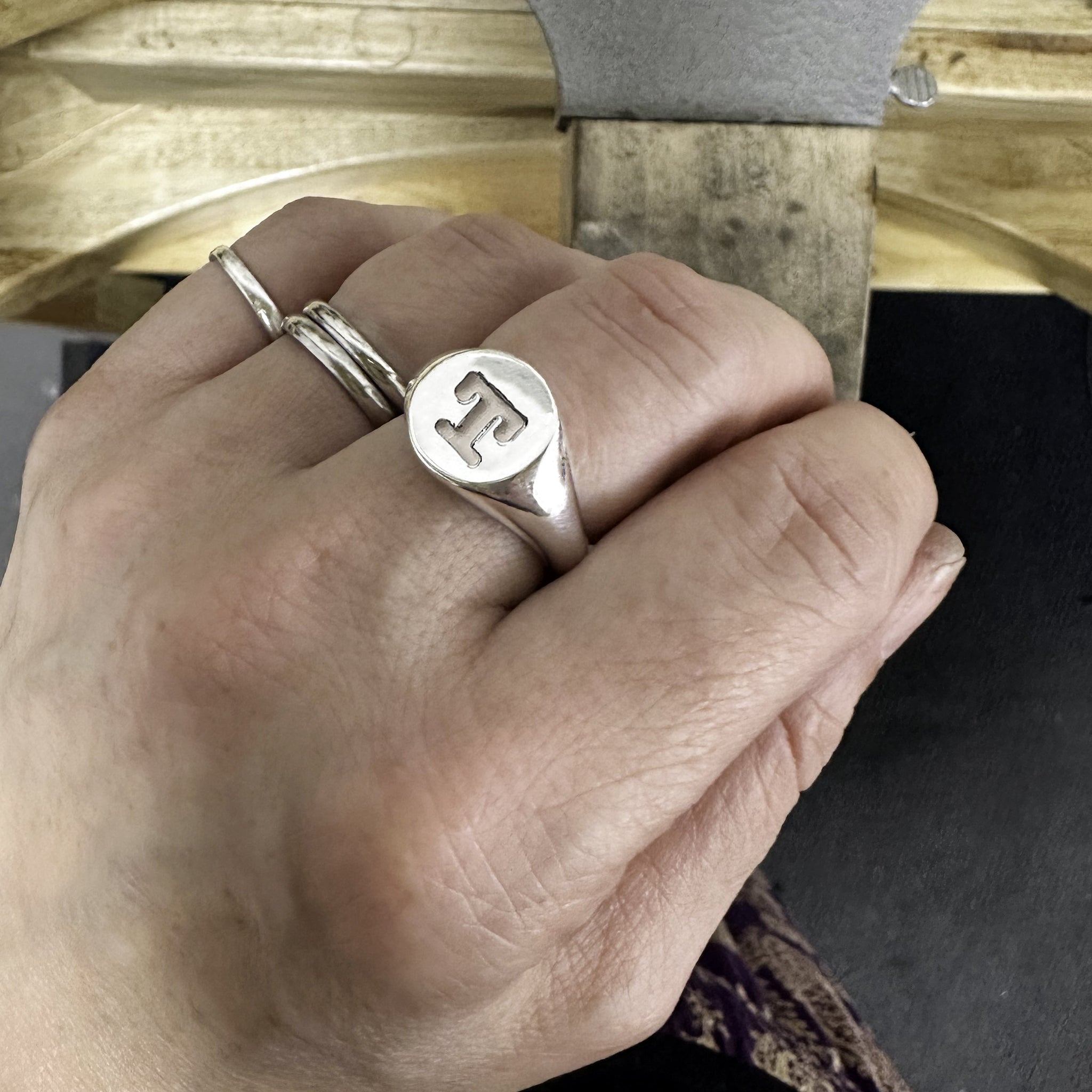 large custom design mens silver signet ring with initials