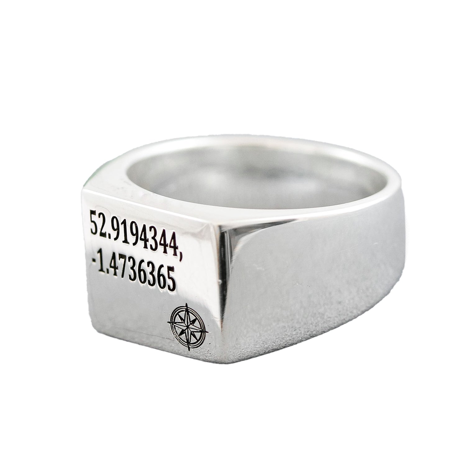 silver mens signet rings with latitude longitude coordinates and compass symbol