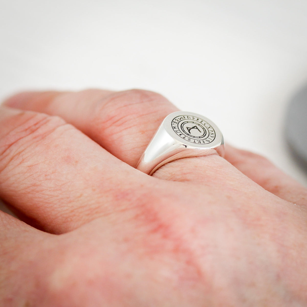 large custom design mens silver signet ring engraved with runes