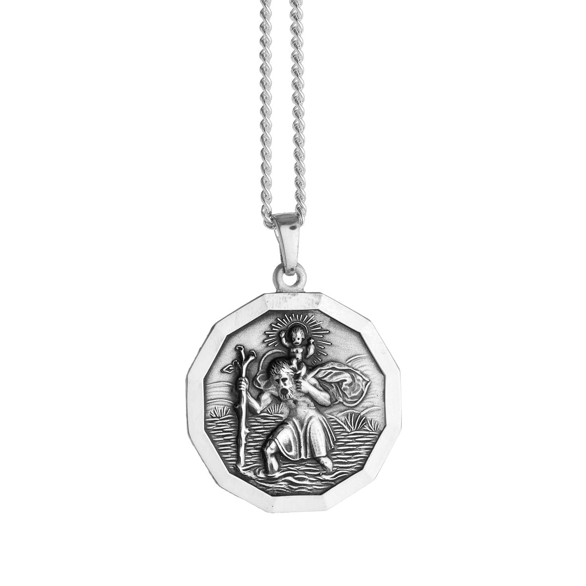 large silver 12 sided saint christopher necklace off the map travel jewelry for men