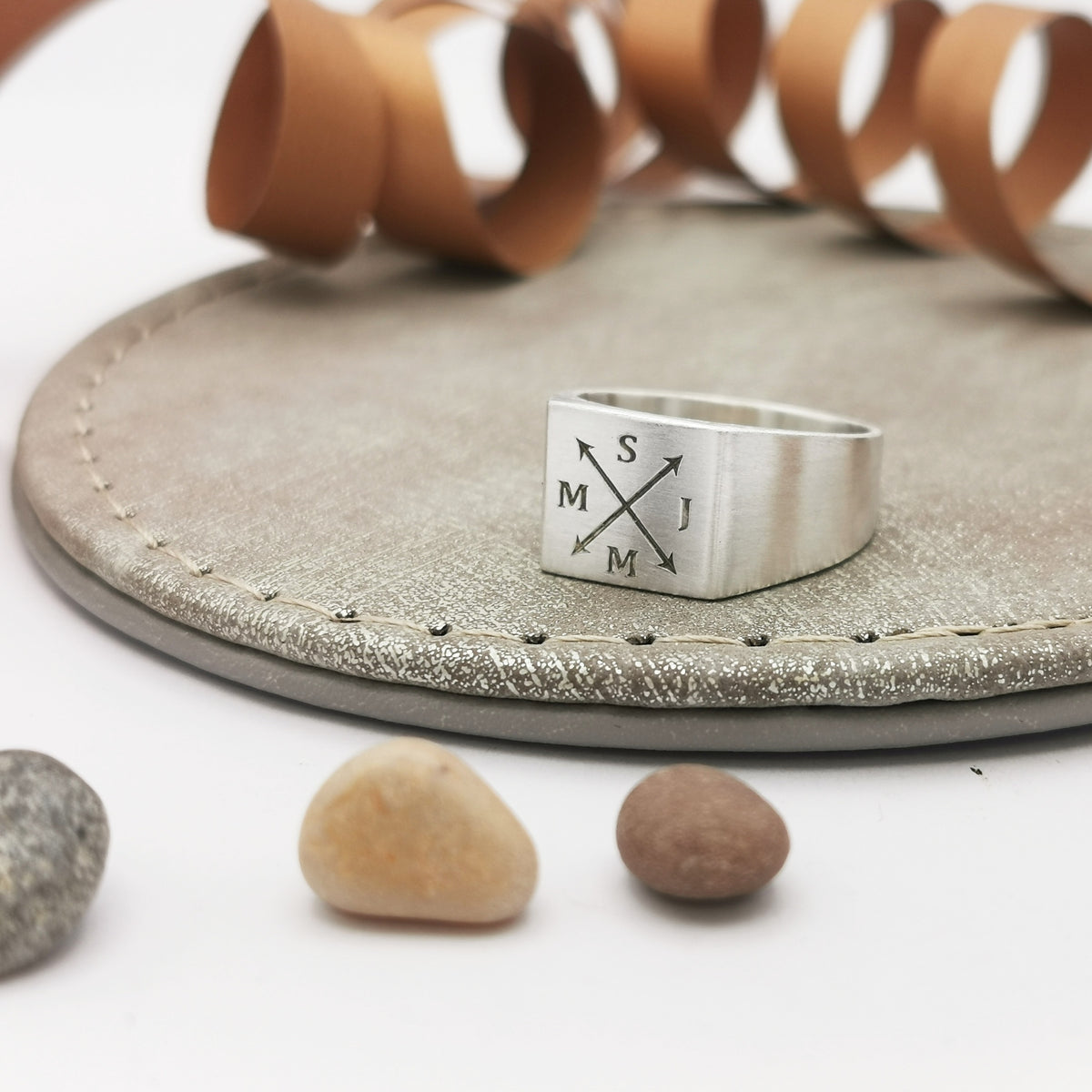 matte finish family initials silver signet ring