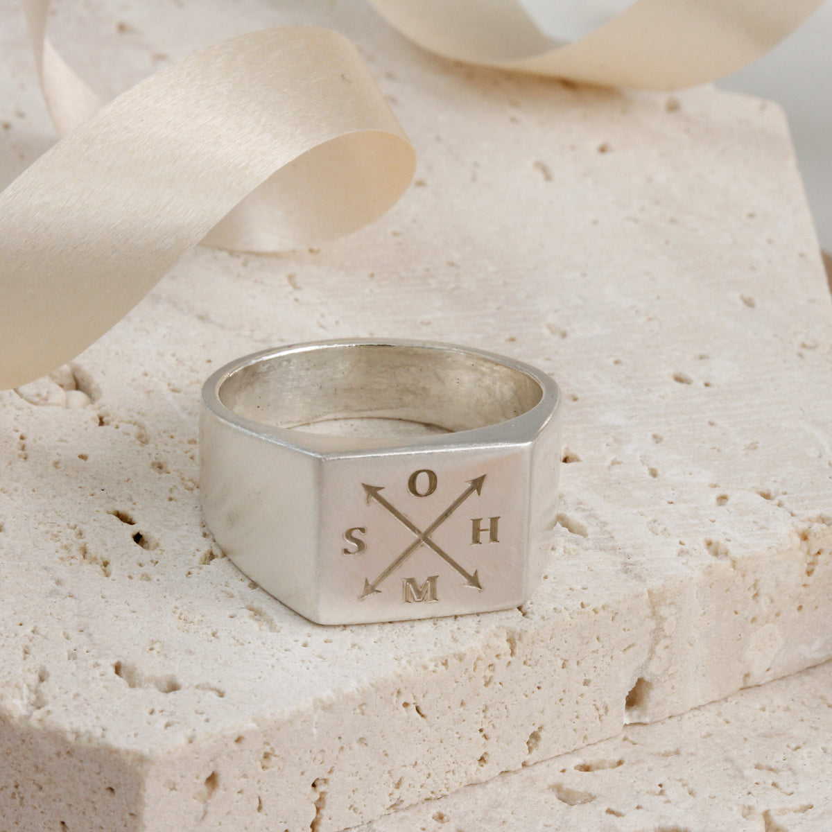 custom initials silver signet ring for men matte finish