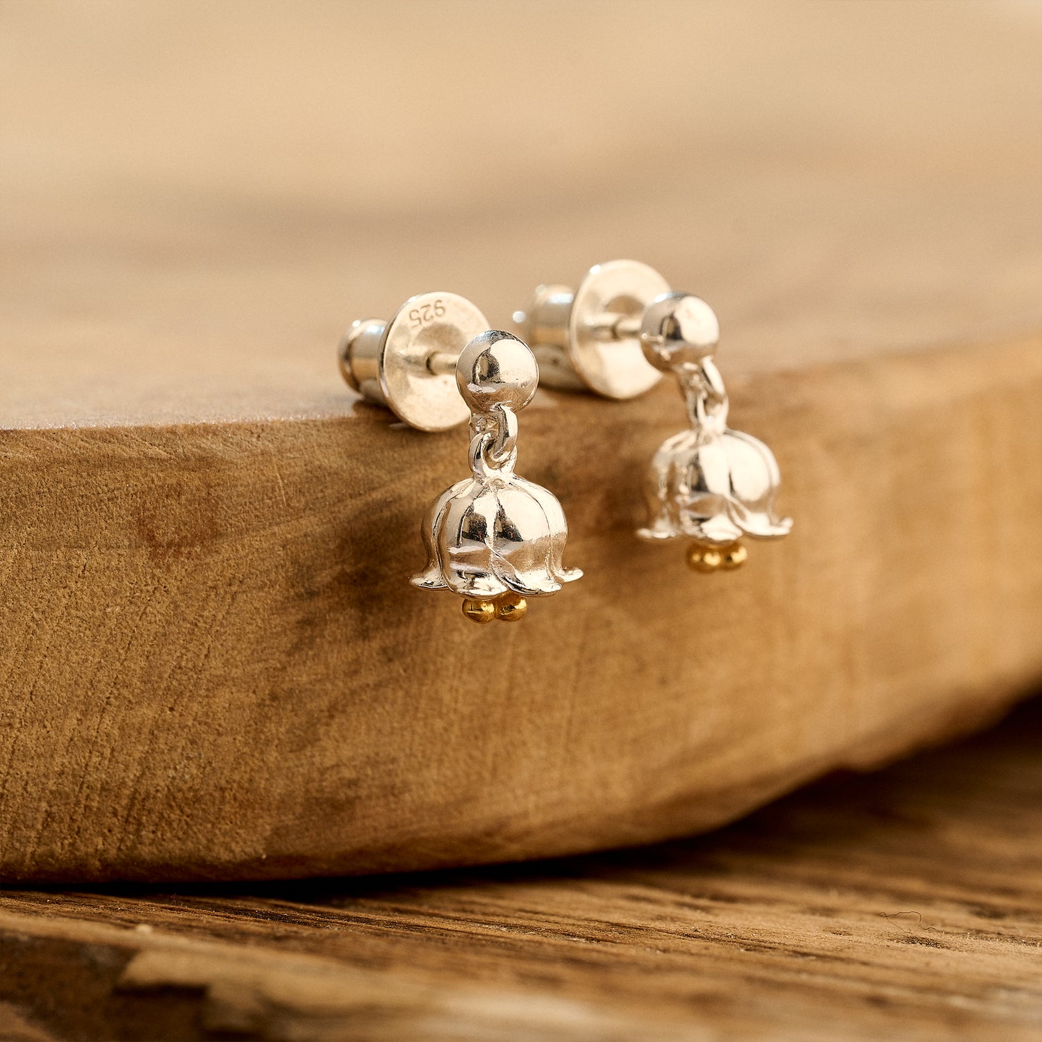 silver & gold lily of the valley stud drop earrings