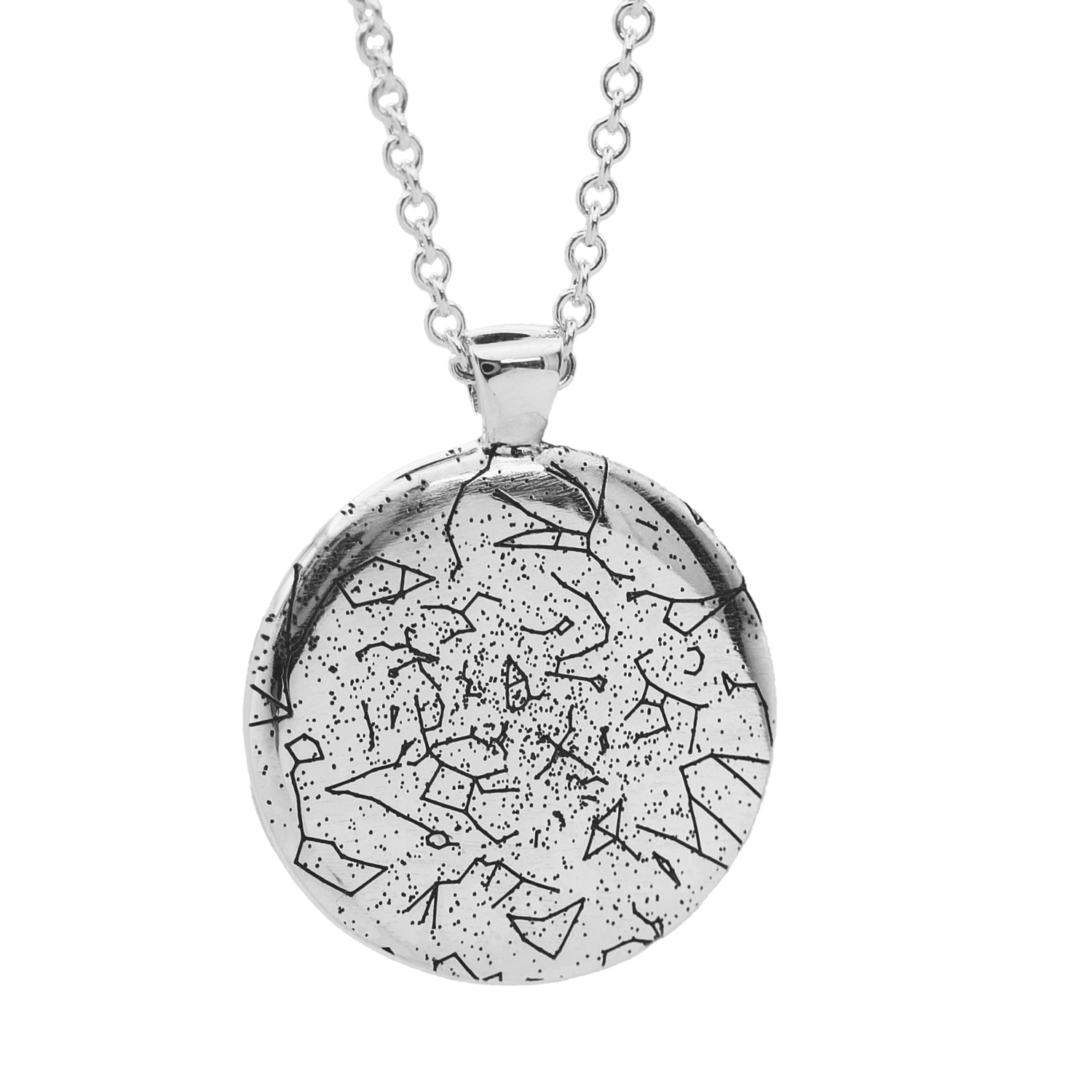 Silver necklace with a round, textured pendant on a white background