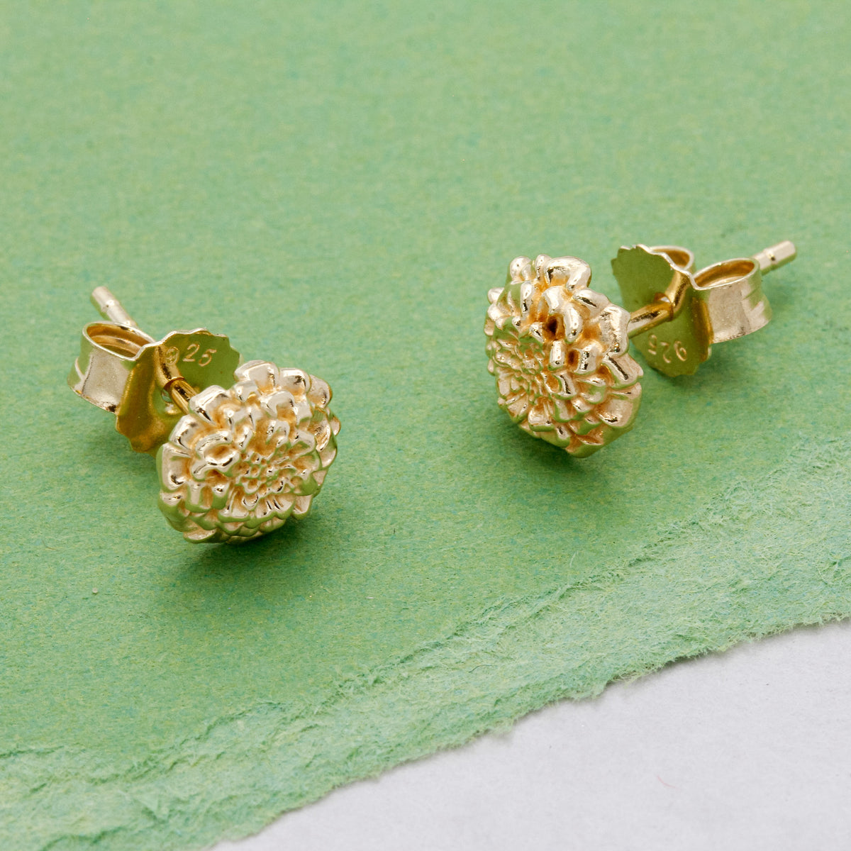 marigold flower gold vermeil silver stud earrings detail