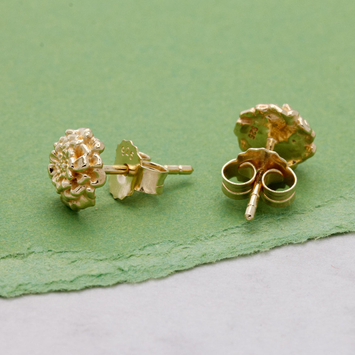 marigold flower gold vermeil silver stud earrings back detail