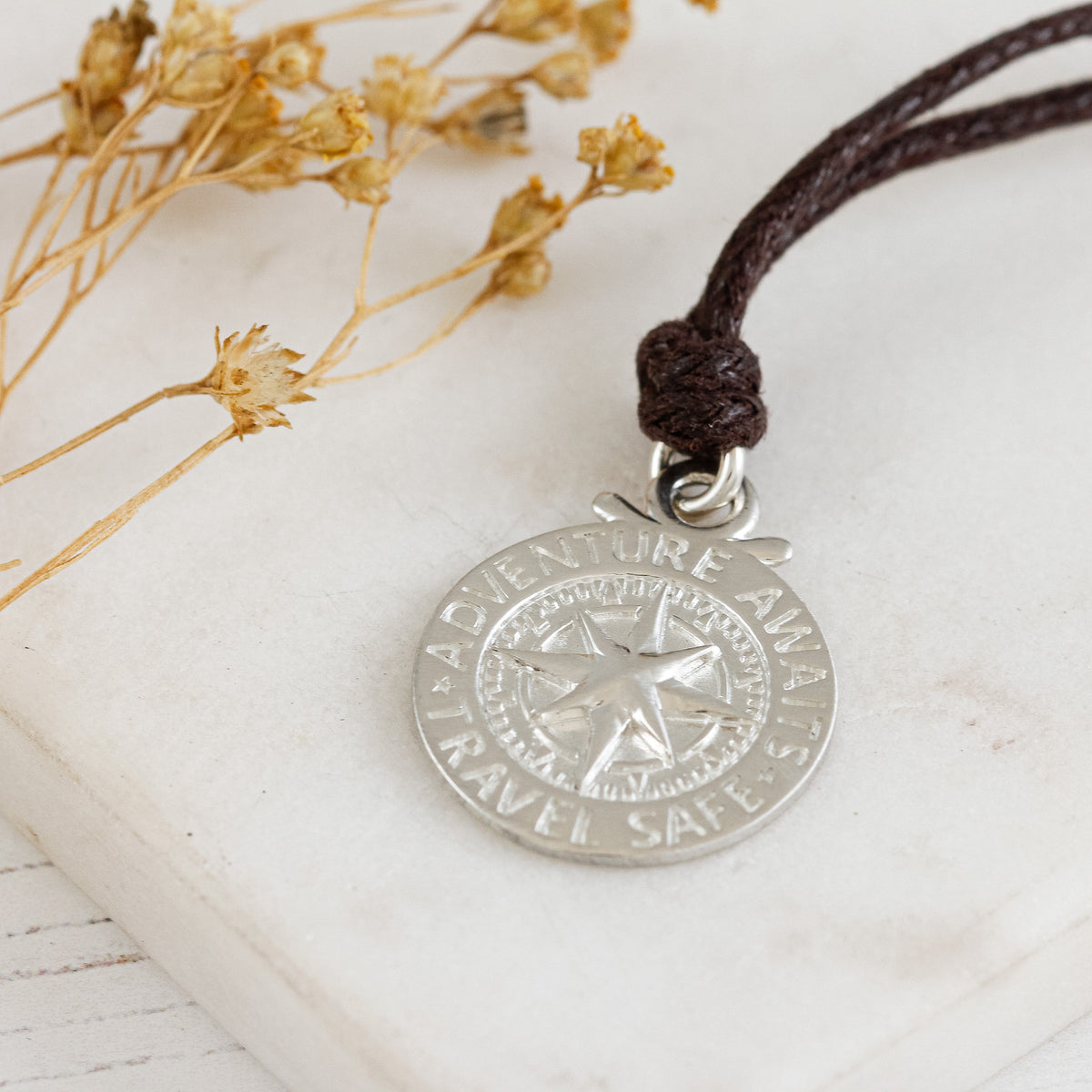 matte finish compass st christopher with vegan brown cord