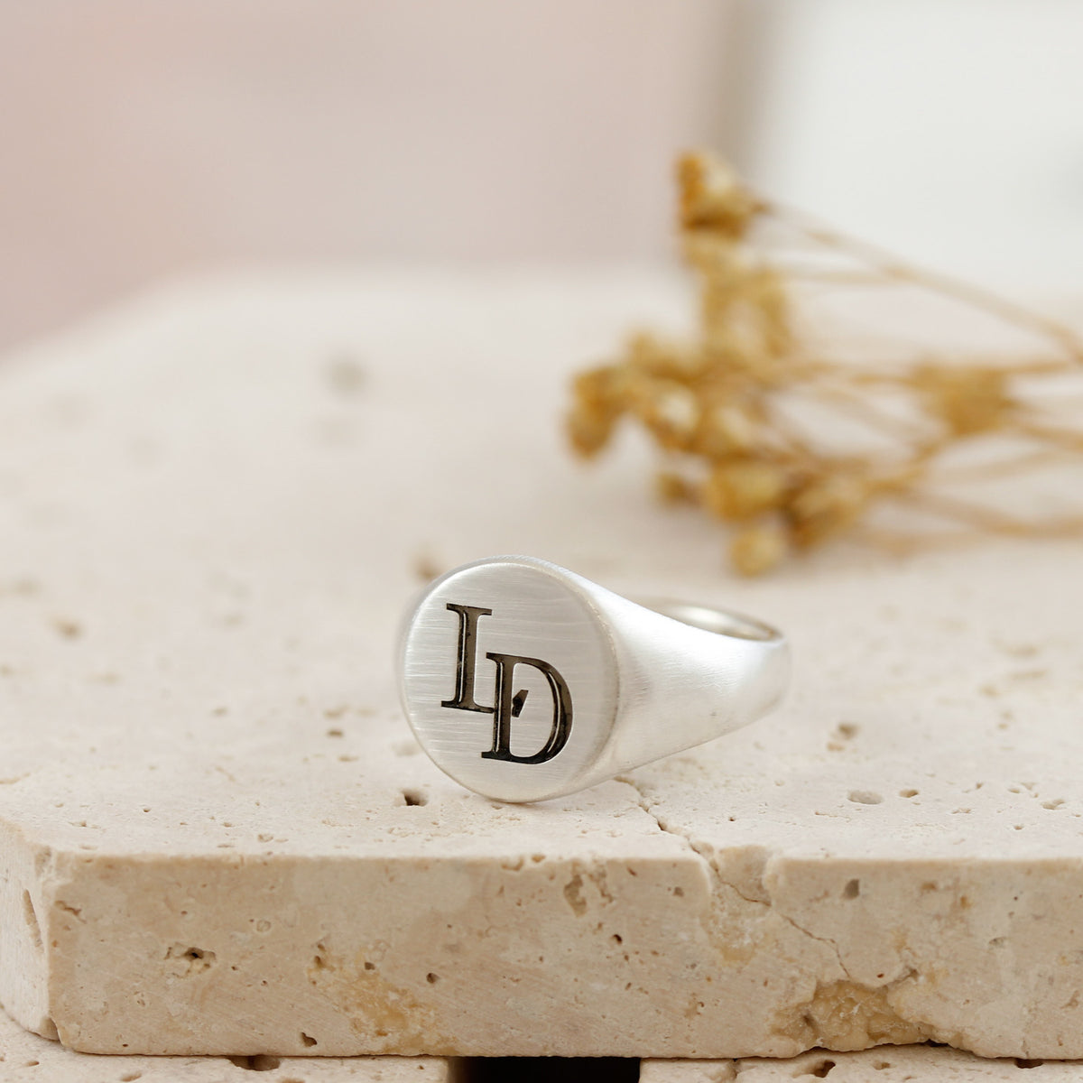 silver initial signet ring matte finish with overlapping monogram initials