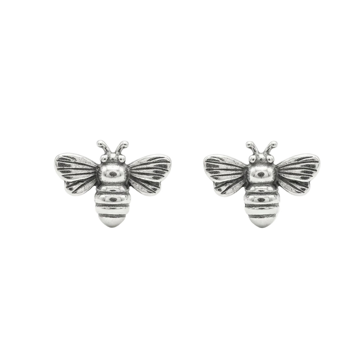 A pair of silver bee stud earrings with detailed wings and striped bodies, shown on a plain white background.
