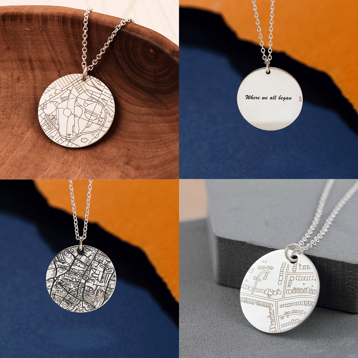 Four views of a silver street map necklaces with a round pendant on a wooden, blue, orange, and gray background.