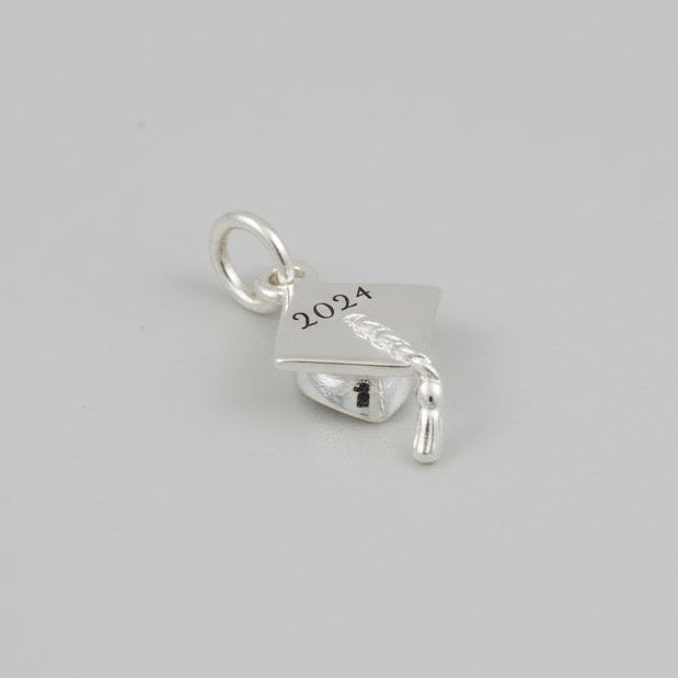 silver graduate cap charm with engraved 2024 date