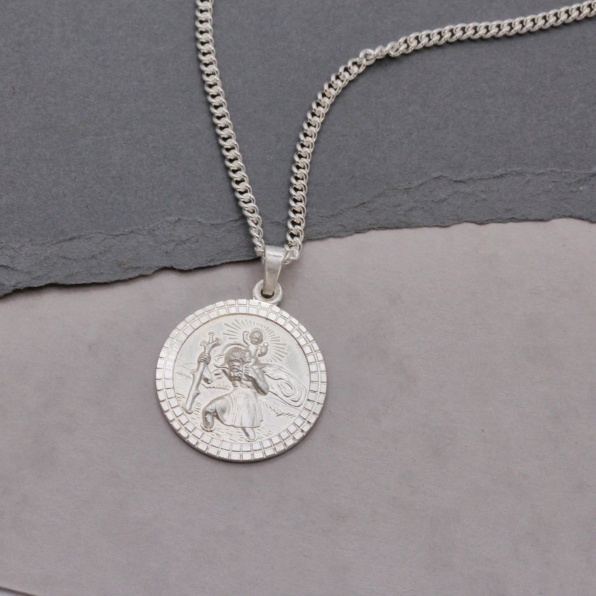 matte finish mosaic border st Christopher necklace on heavier curb chain