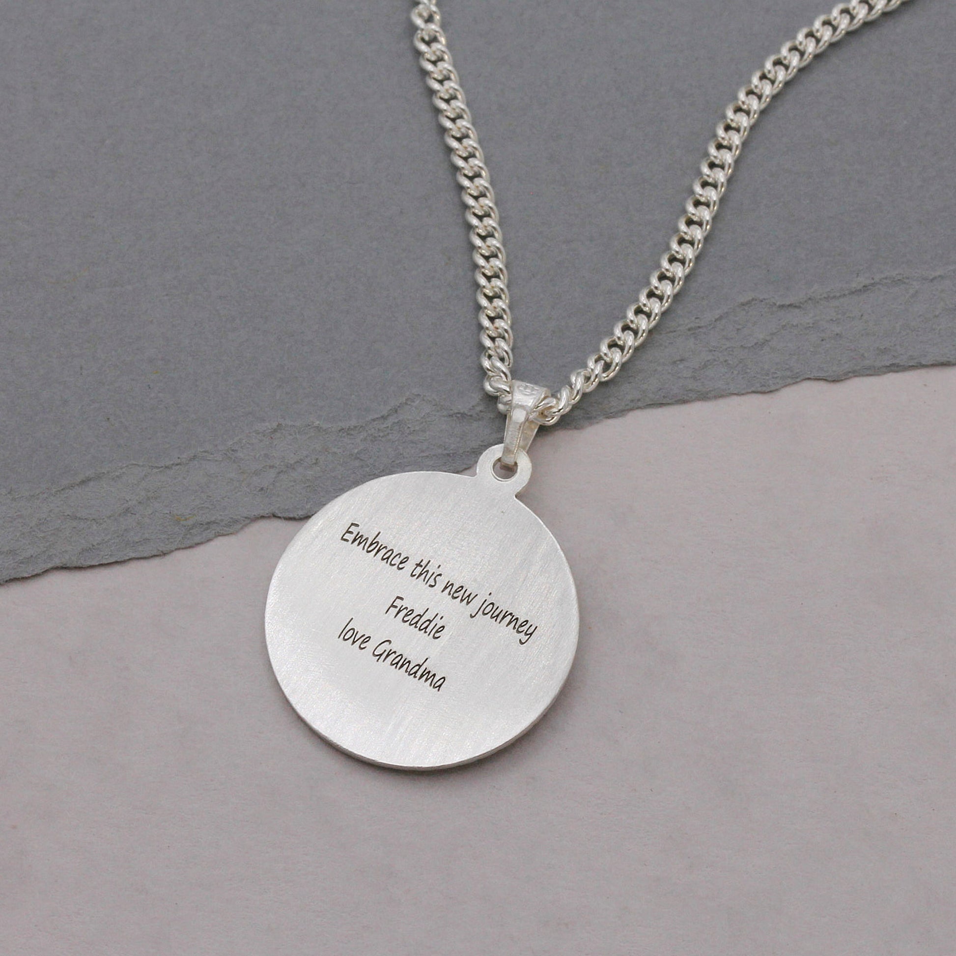matte finish enraved st Christopher necklace on heavier curb chain