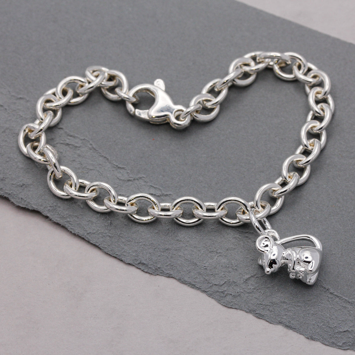 silver mouse charm on a charm bracelet