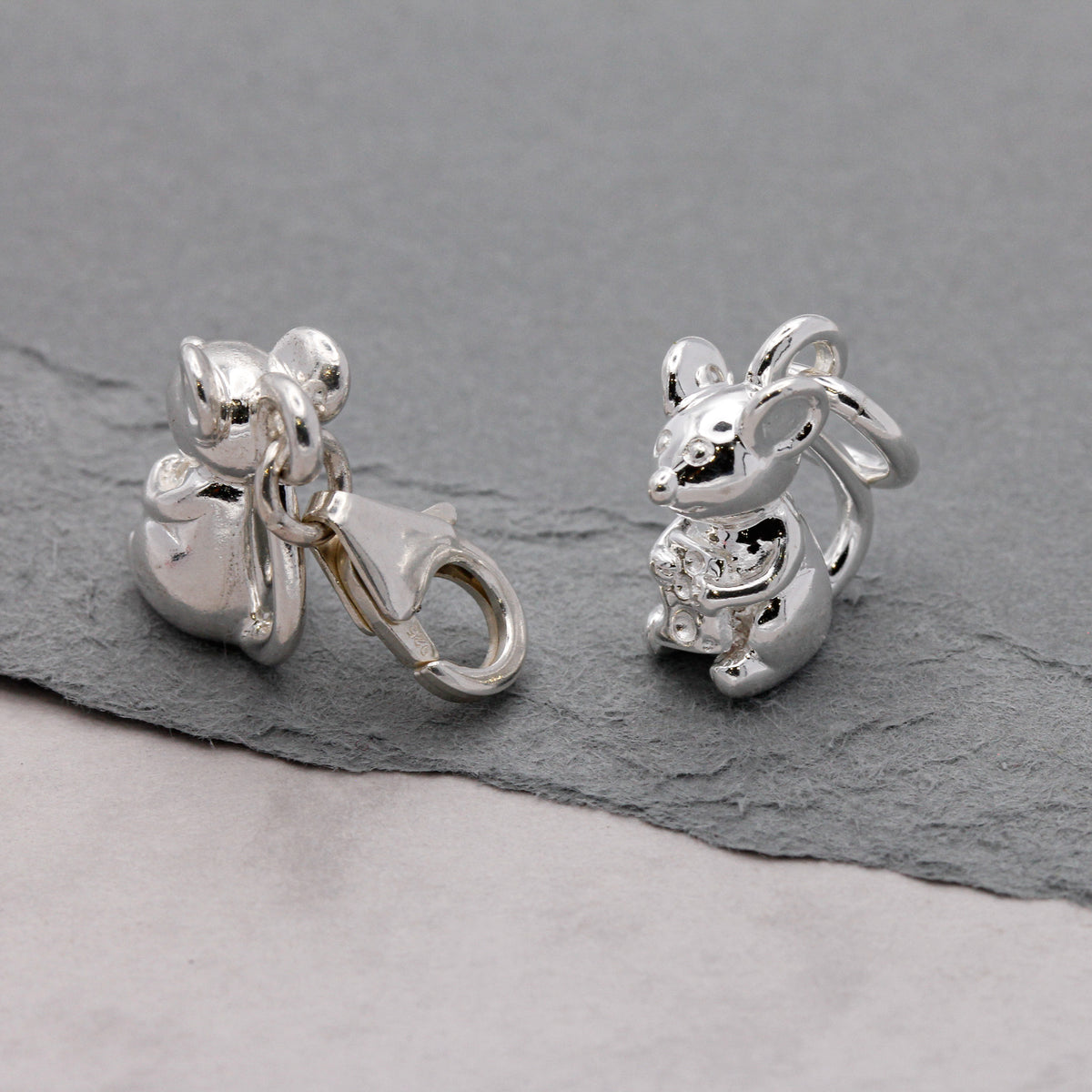 silver mouse charms with jump ring and clip clasp