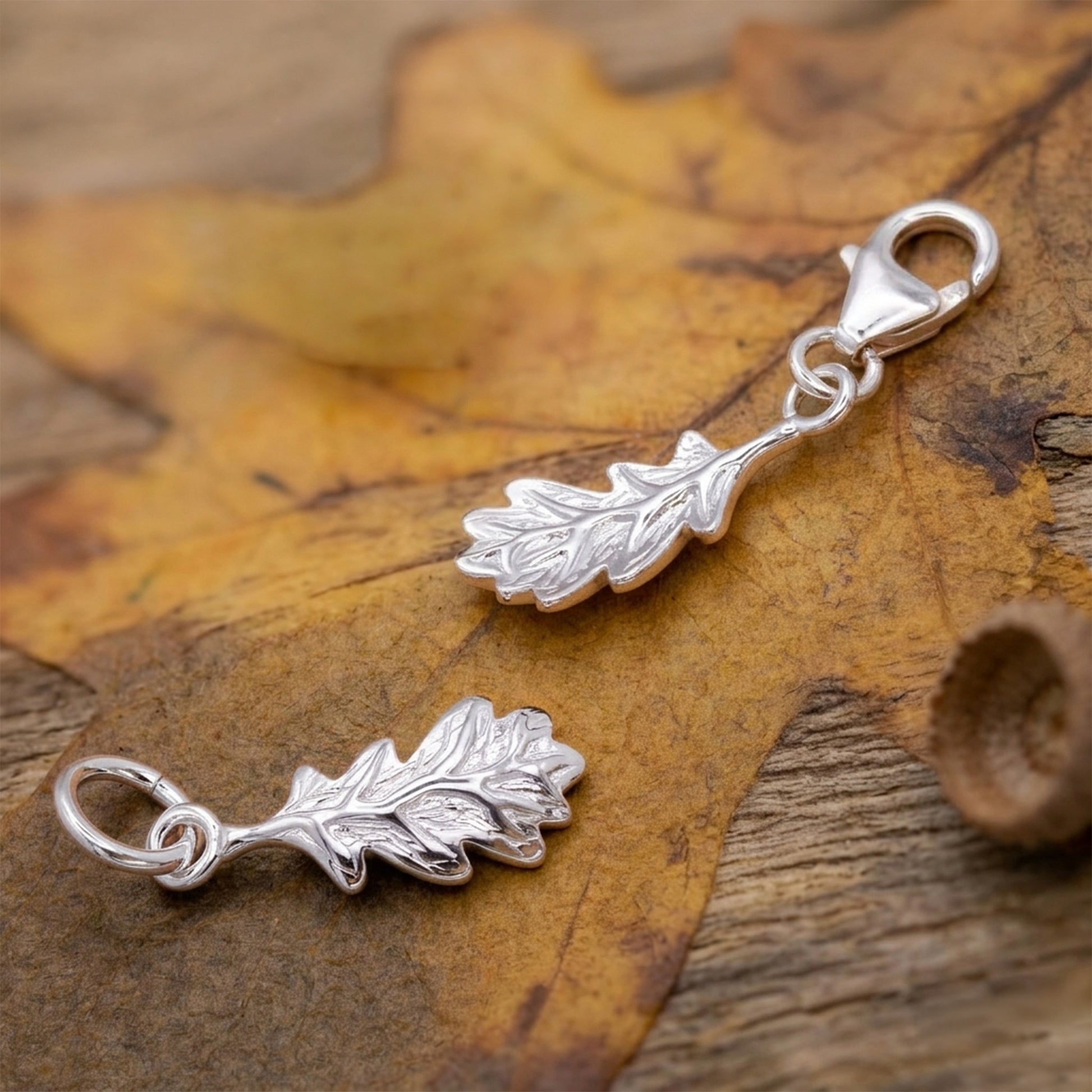oak leaf silver charms on oak leaf background
