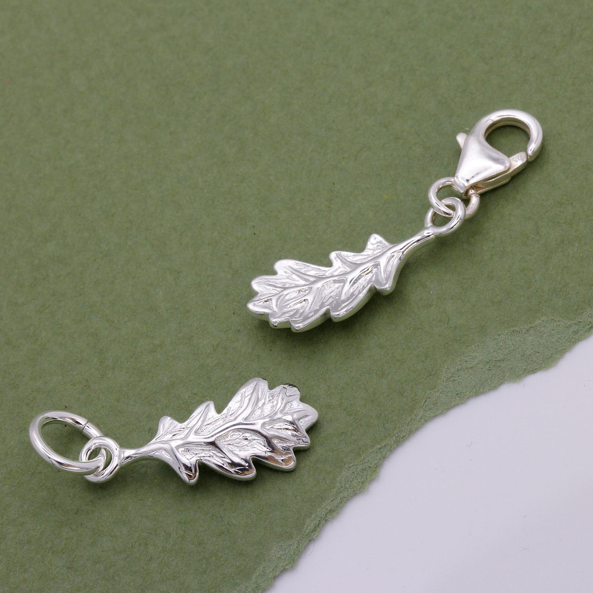 silver oak leaf charms with clip clasp and jump ring