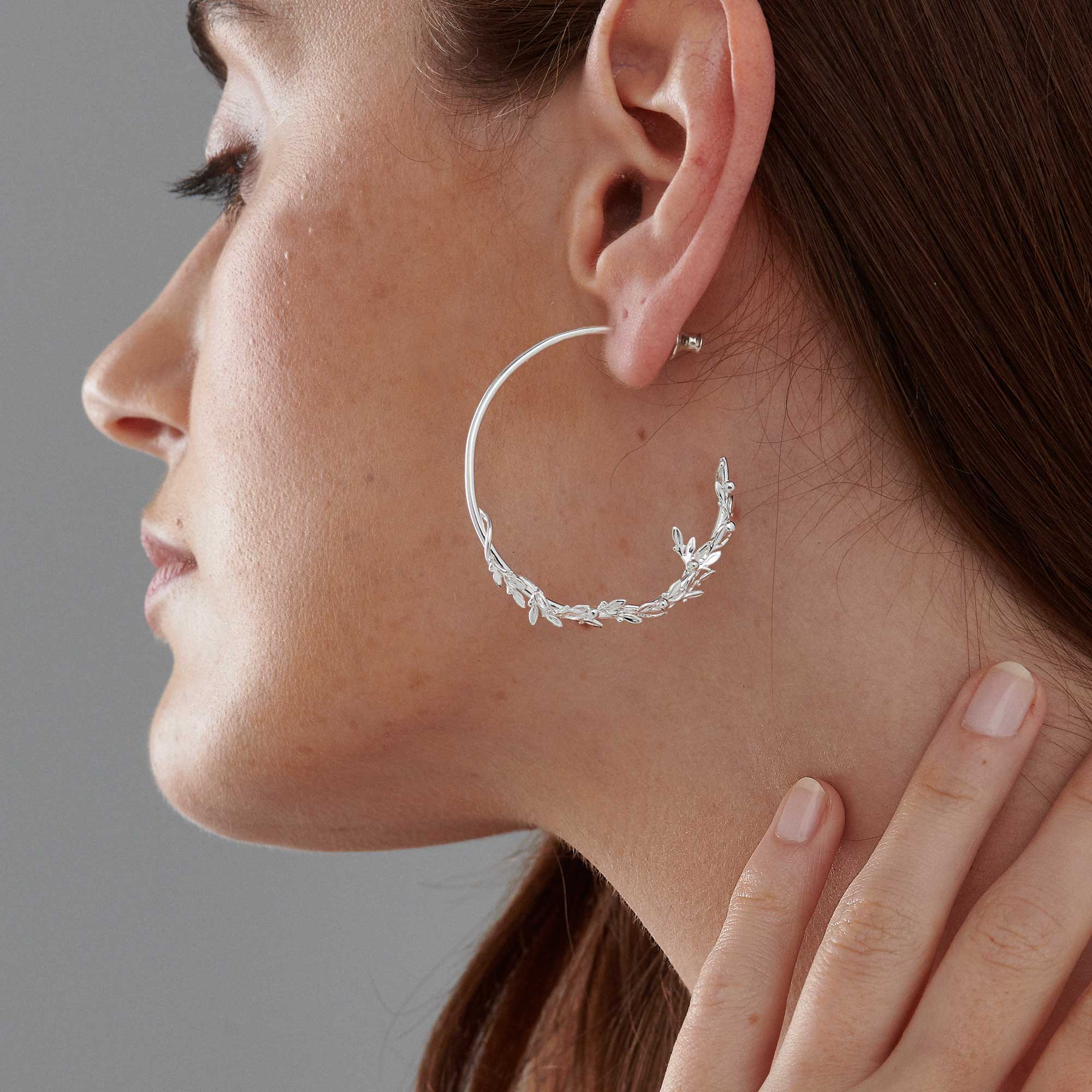 Olive Branch Silver Hoop Earrings