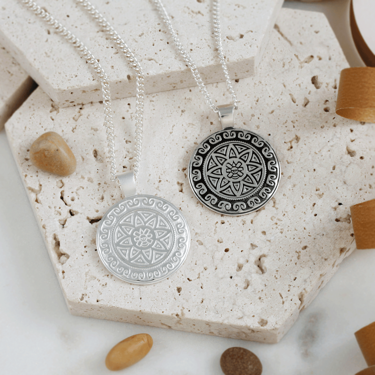 Solid Silver Aztec Mandala Travel Necklace with Ollin Symbol - Spirit of Adventure