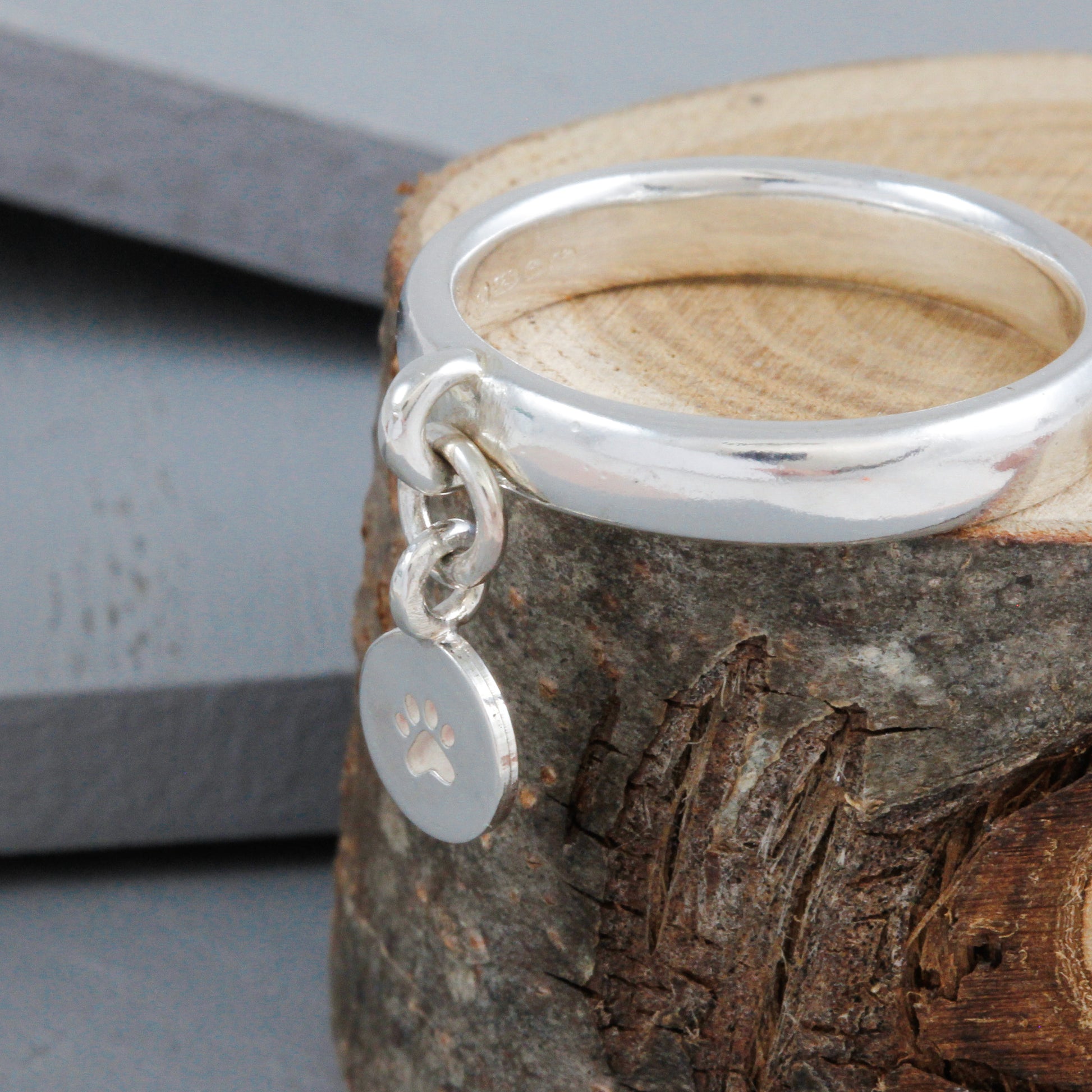 silver charm ring with pet paw personalised symbol