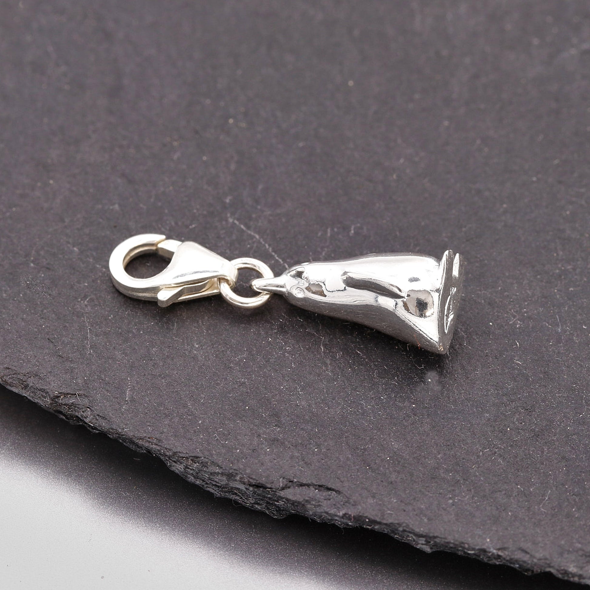 Silver penguin-shaped charm on a dark stone surface