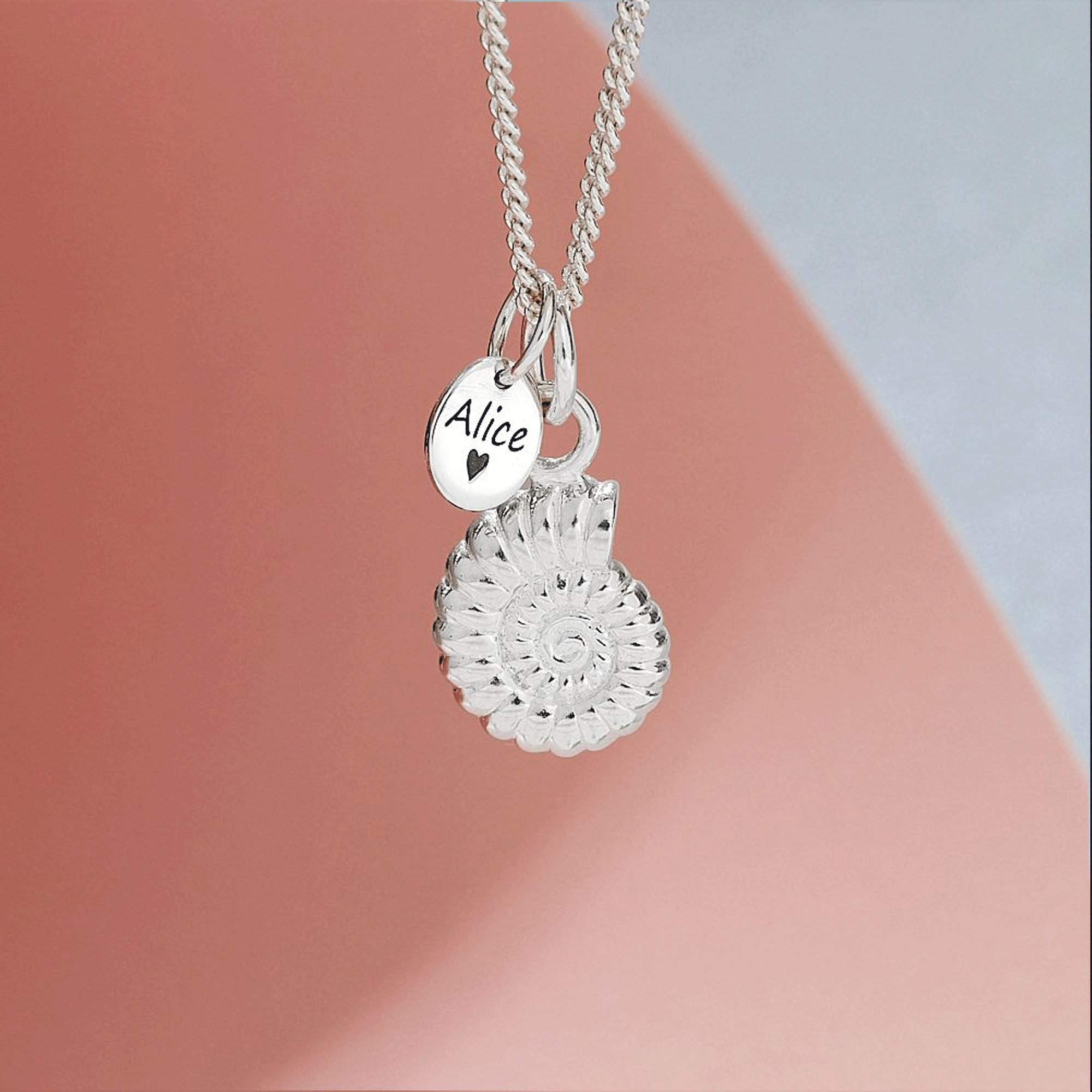 Ammonite Silver Necklace With Personalised Tag