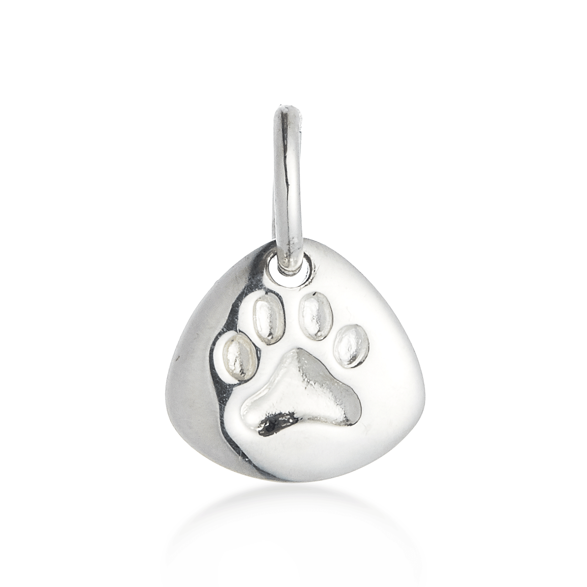 Silver paw print pendant on a white background
