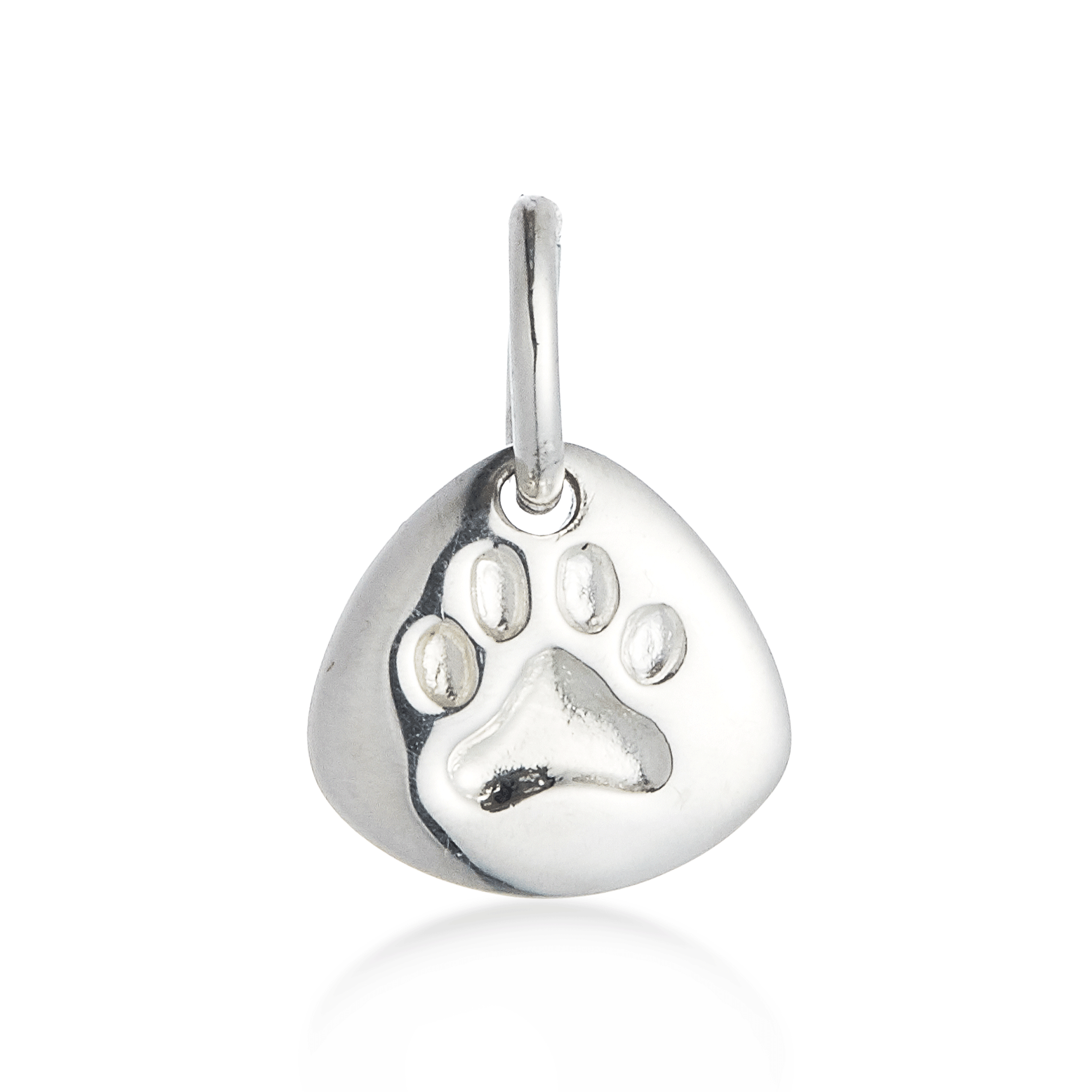 Silver paw print pendant on a white background