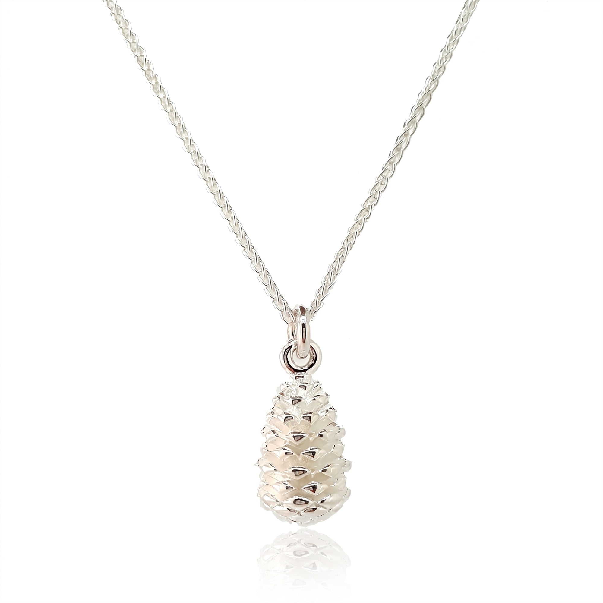 Silver pinecone pendant necklace on a white background
