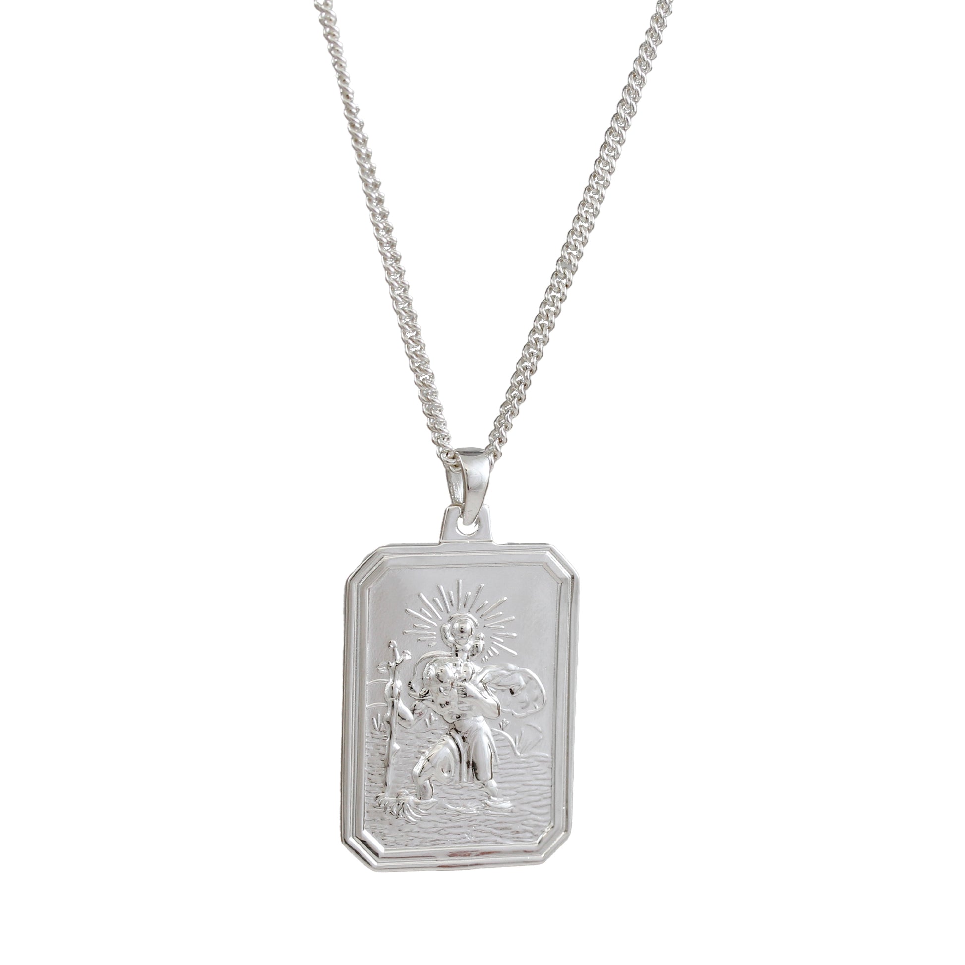 Cast silver dog tag Saint Christopher pendant on 2.1mm curb chain