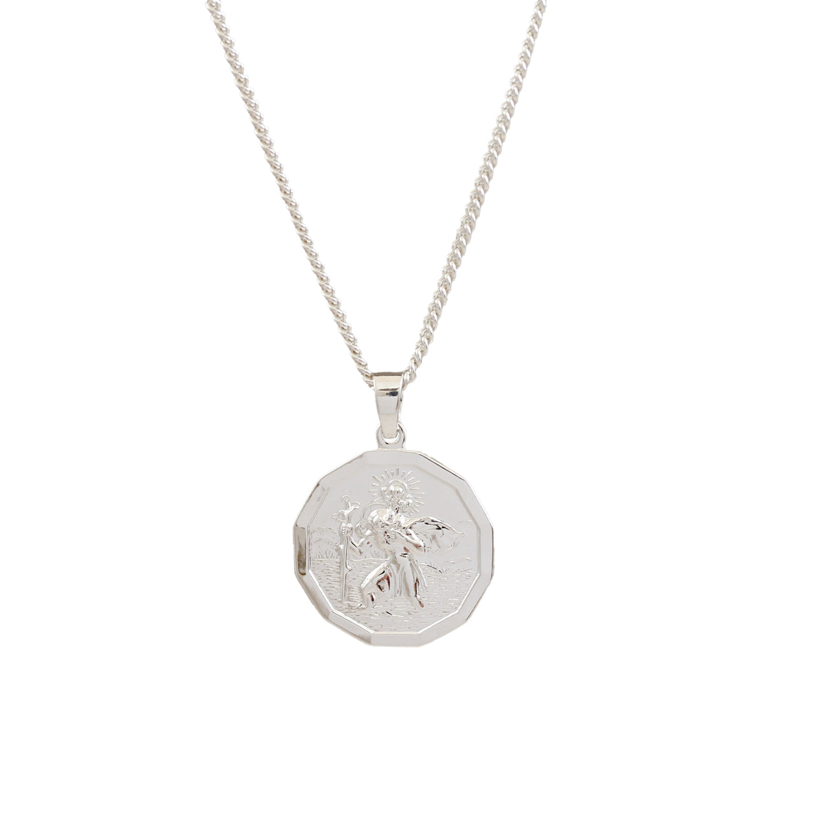 cast silver dodecagon st Christopher necklace on curb chain