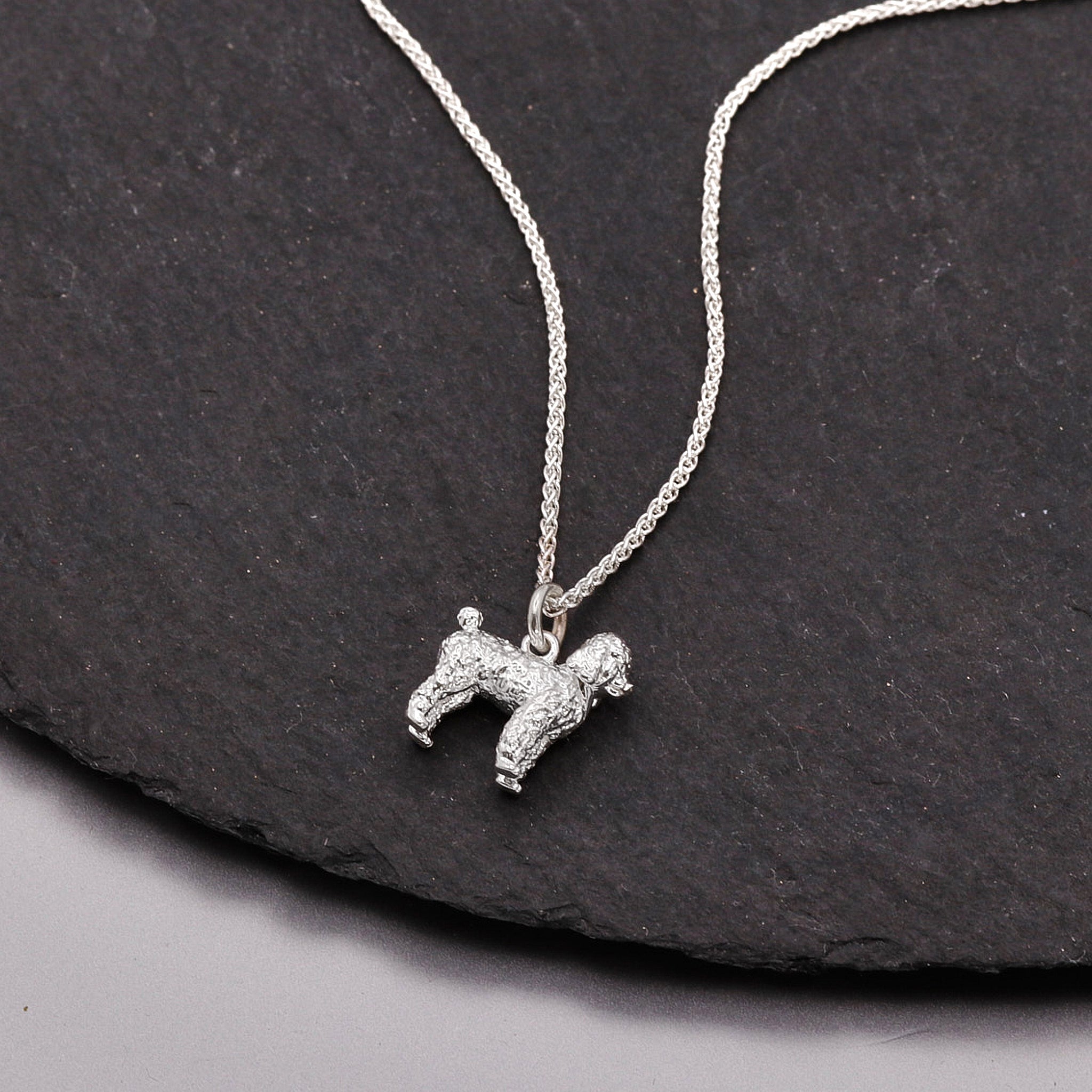 Silver pendant necklace on a dark stone surface