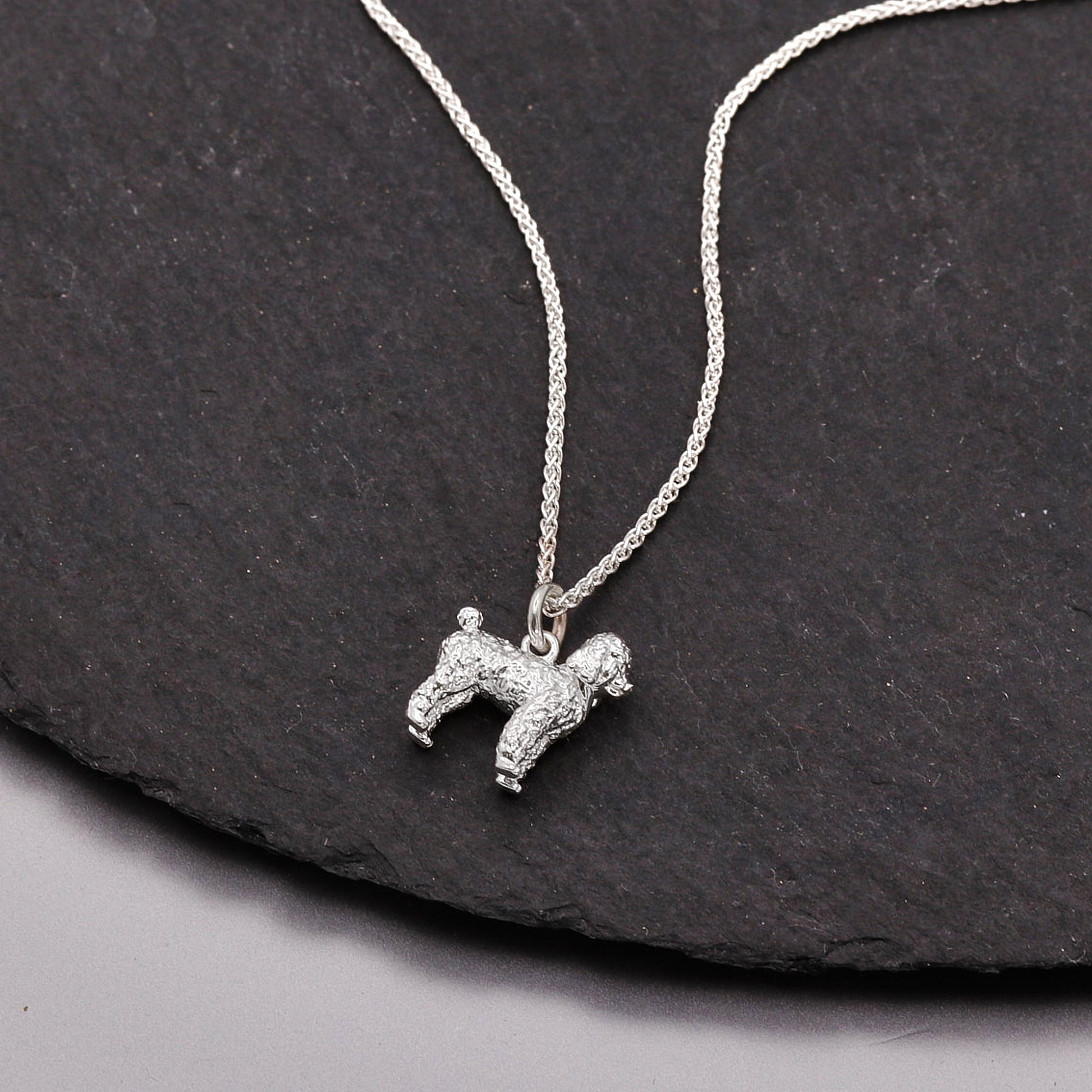 Silver pendant necklace on a dark stone surface