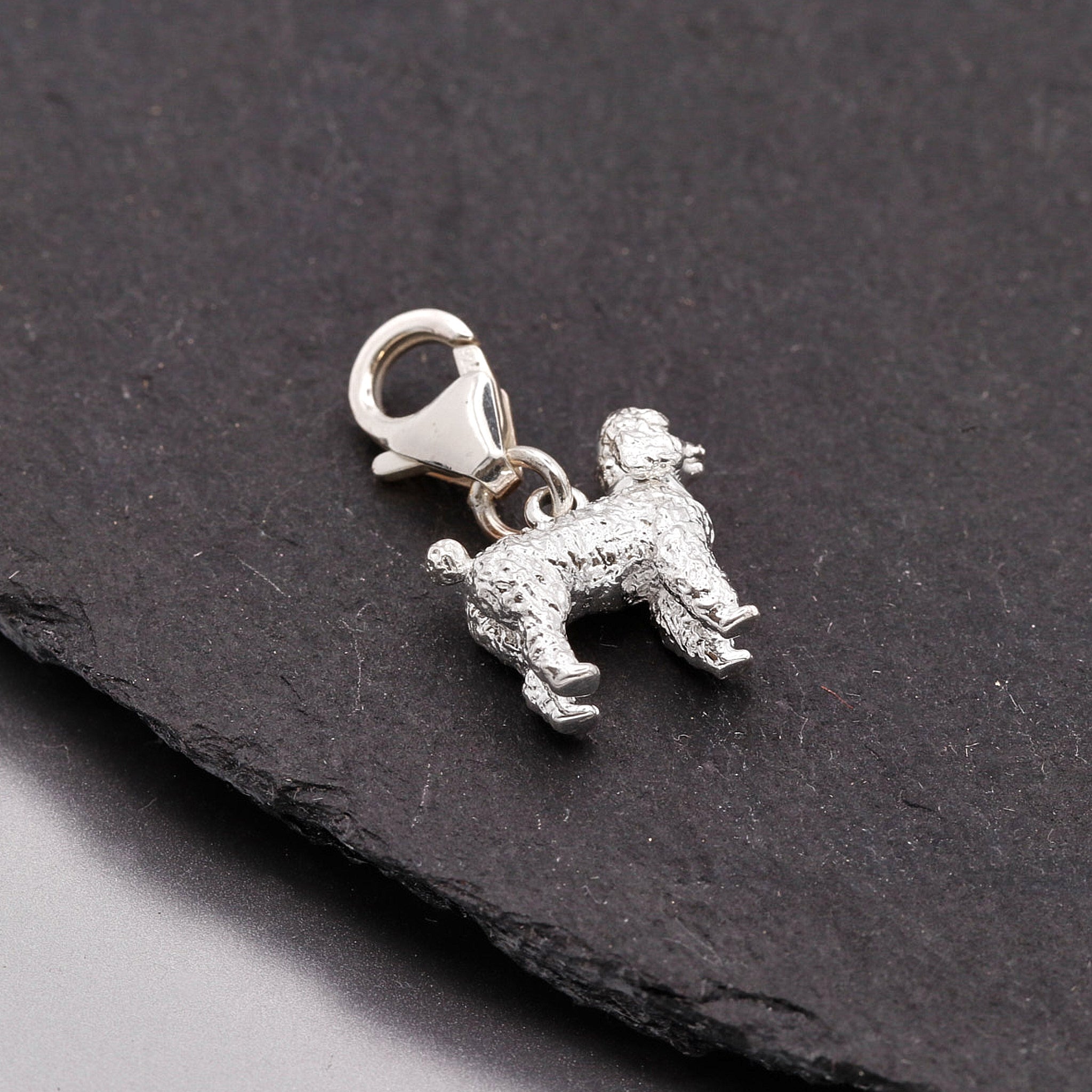 Silver dog charm on a black stone surface
