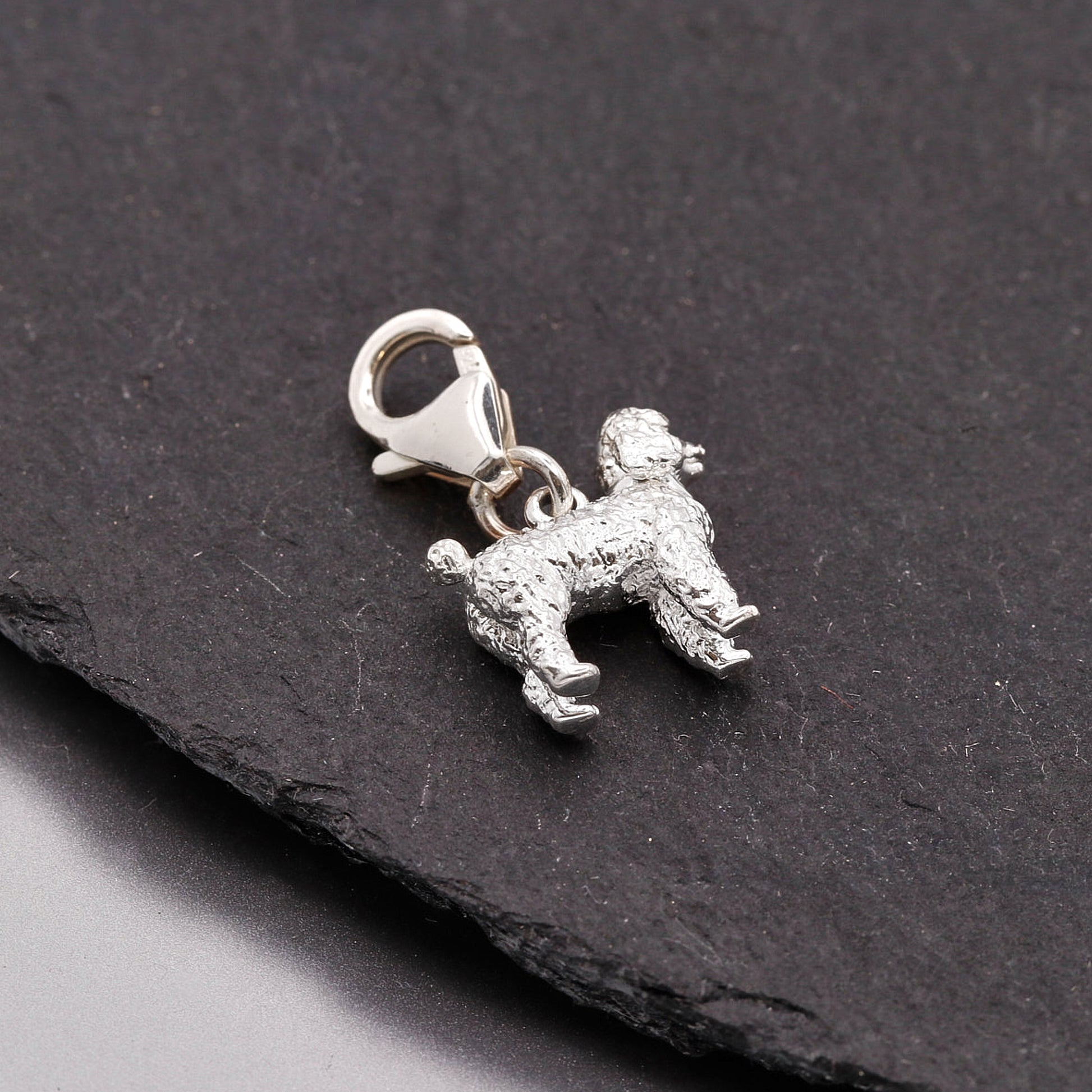 Silver dog charm on a black stone surface