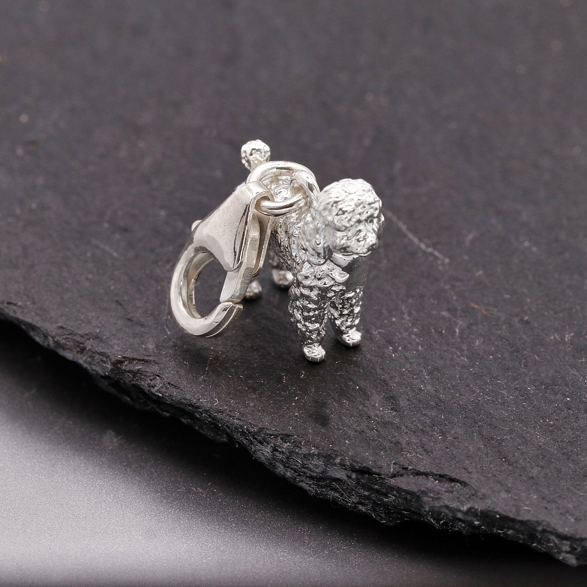 Silver dog charm on a dark stone surface