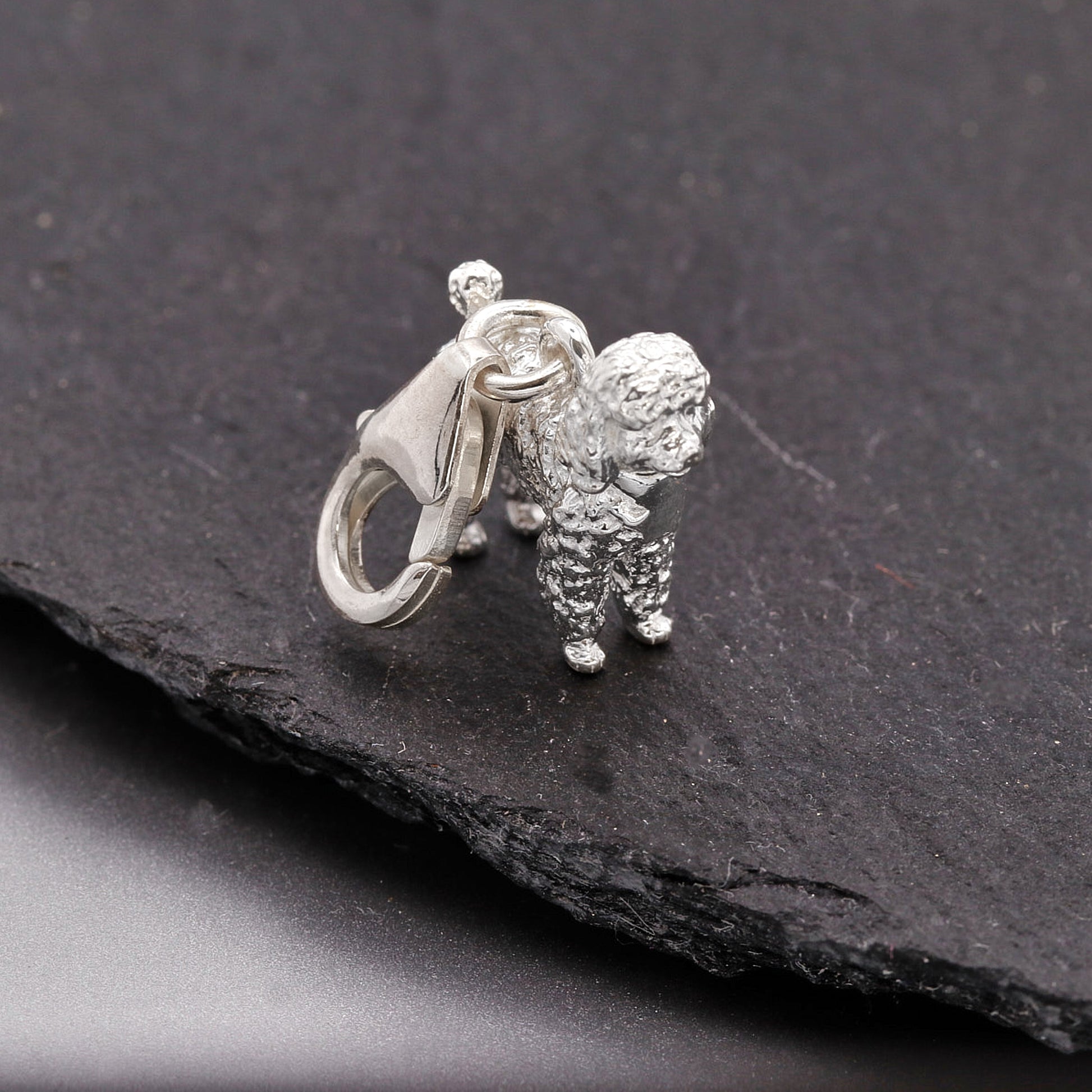 Silver dog charm on a dark stone surface